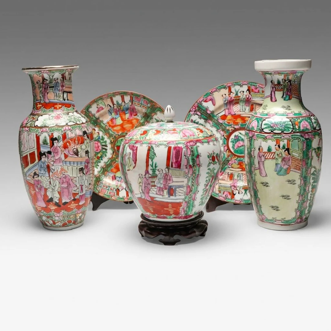 Chinese Hand-Painted Decorative Vases, Plates and Lidded Vessel