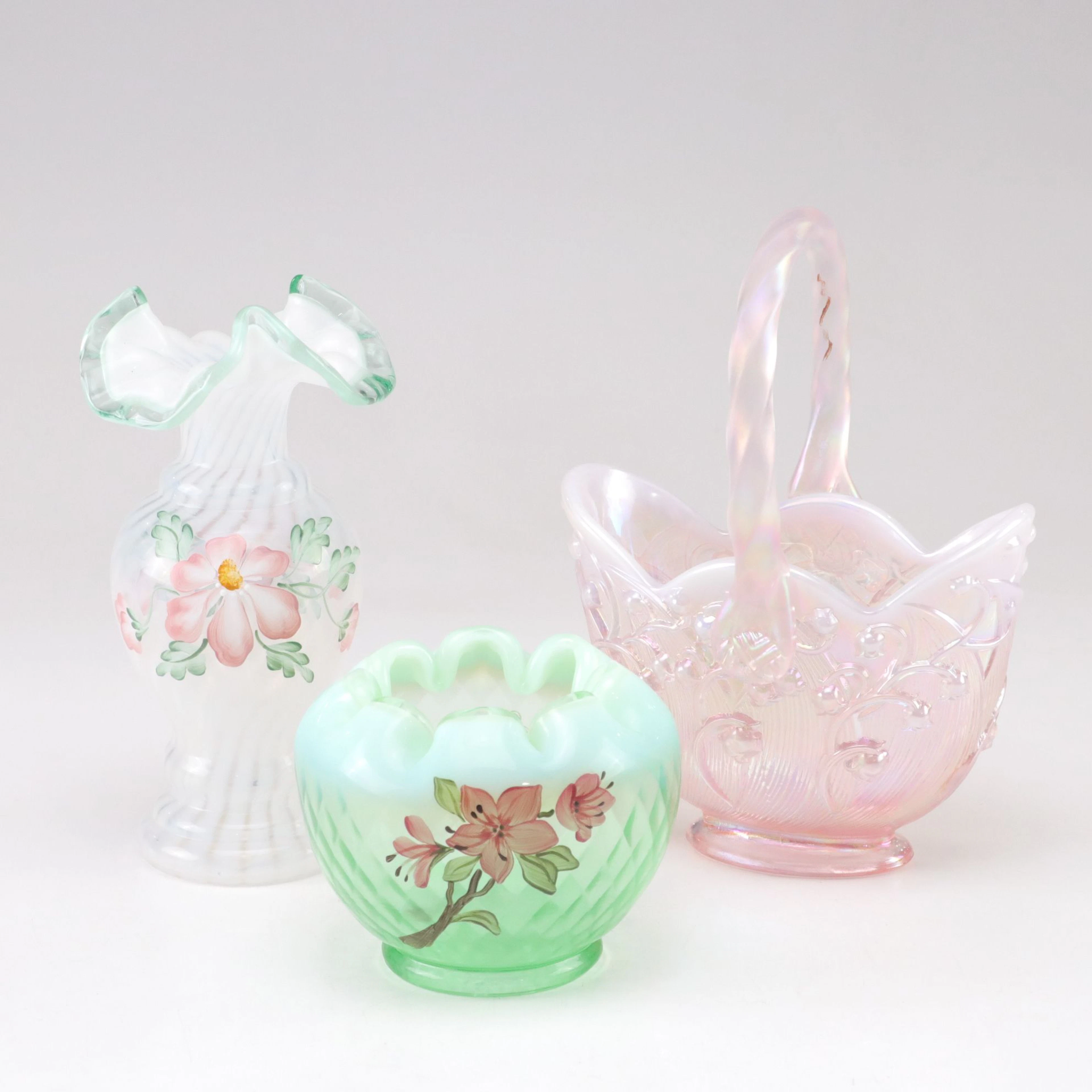 Fenton Pink Opalescent Glass Basket and Hand-Painted Ruffled Edge Vase & Bowl
