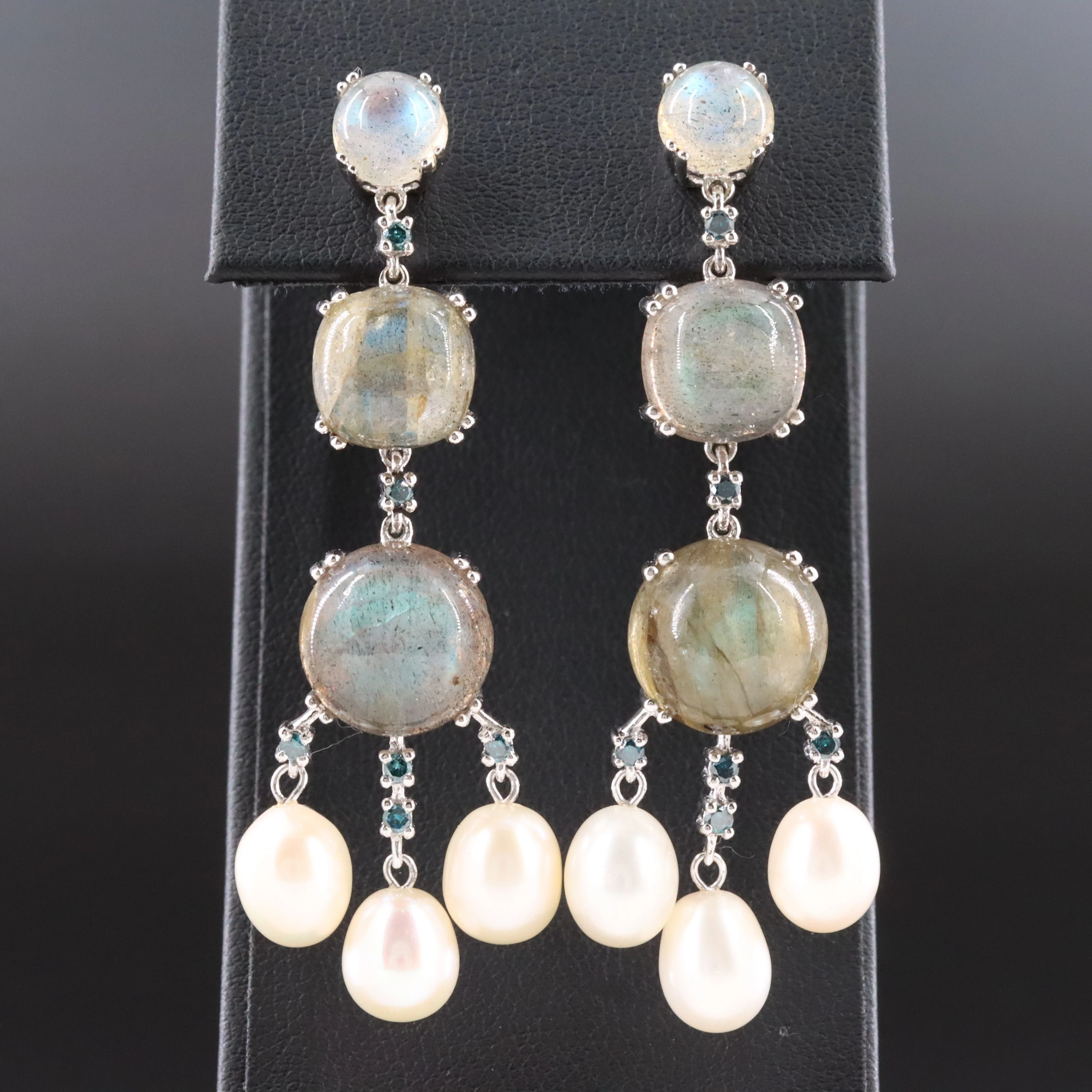 Sterling Labradorite, Pearl, and Fancy Blue Diamond Earrings
