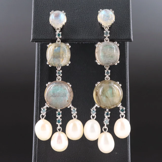 Sterling Labradorite, Pearl, and Fancy Blue Diamond Earrings