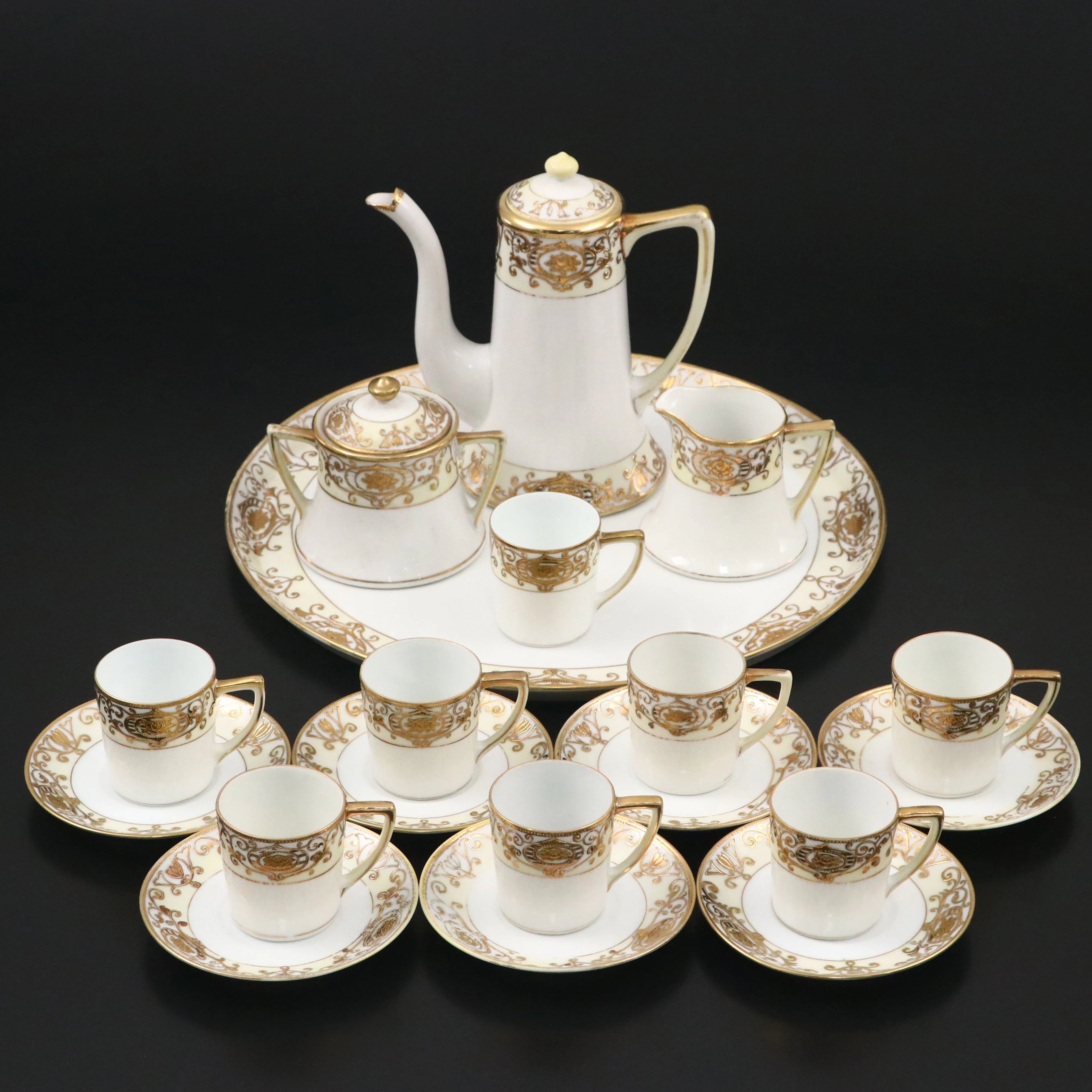 Noritake Floral Gold Gilt Bone China Coffee Set, Early 20th Century
