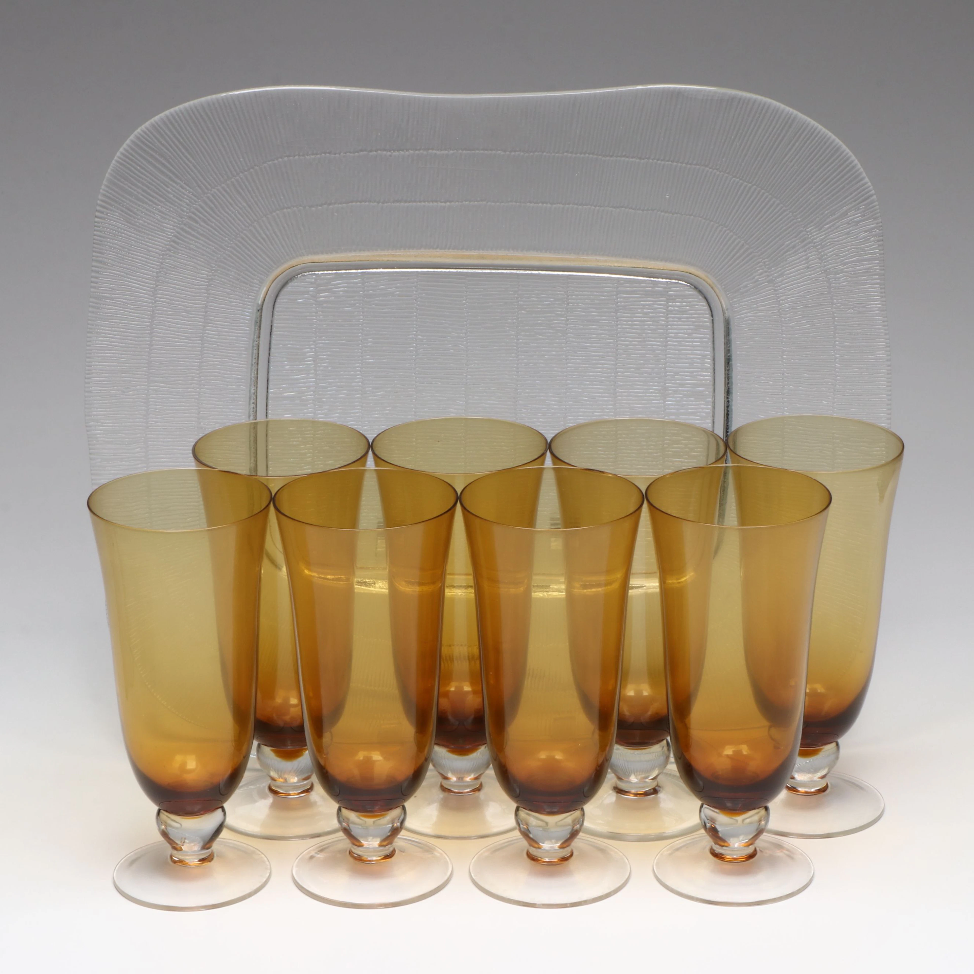 Mid Century Modern Style Footed Amber Iced Tea Glasses with Tray