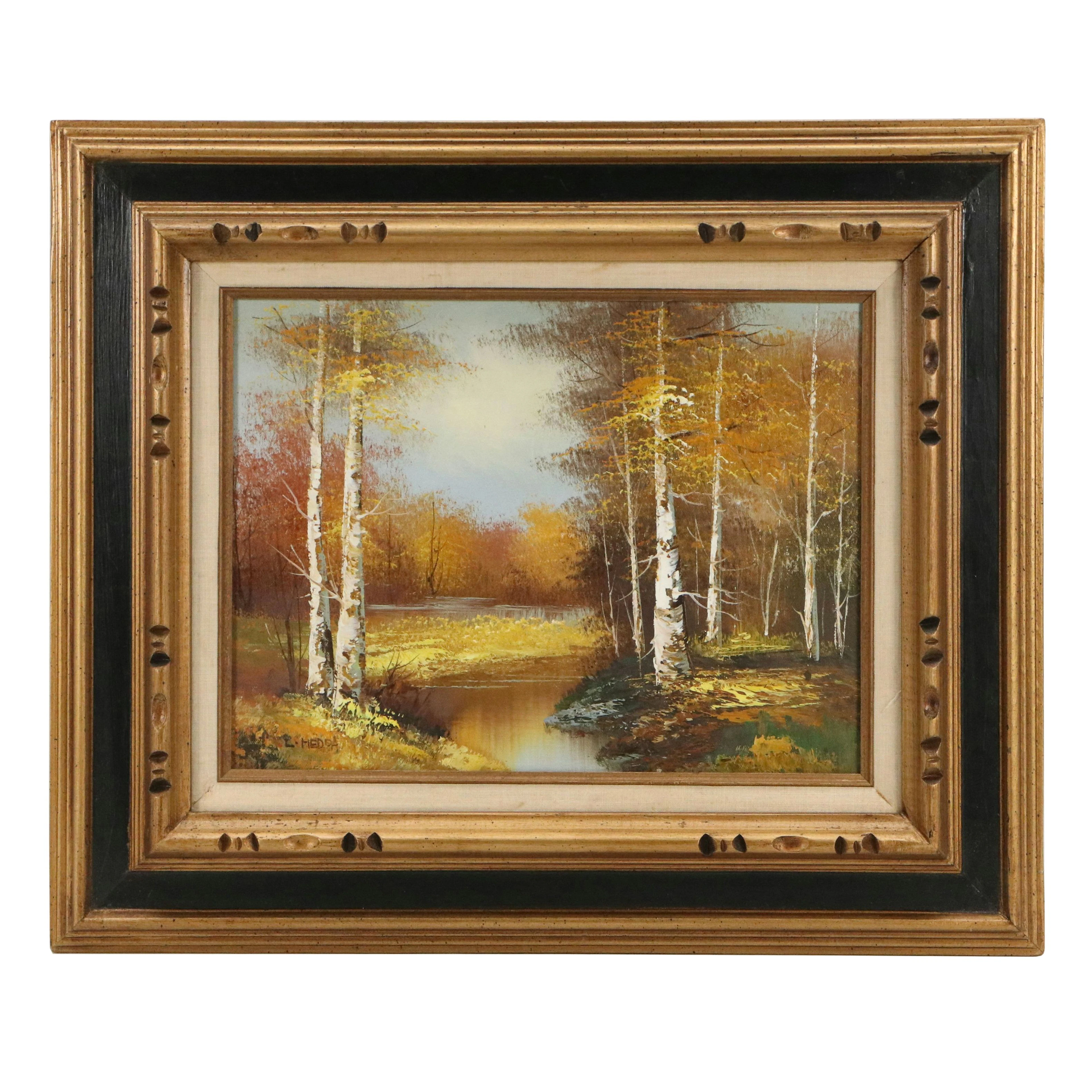 Oil Painting of Autumnal Wooded Landscape, Mid to Late 20th Century