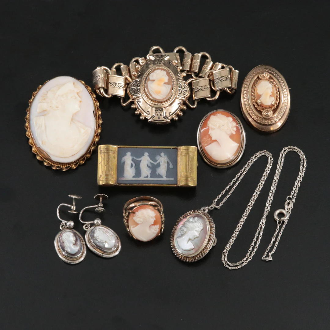 Shell and Mother-of-Pearl Cameo Jewelry Collection Including 800 & 835 Silver