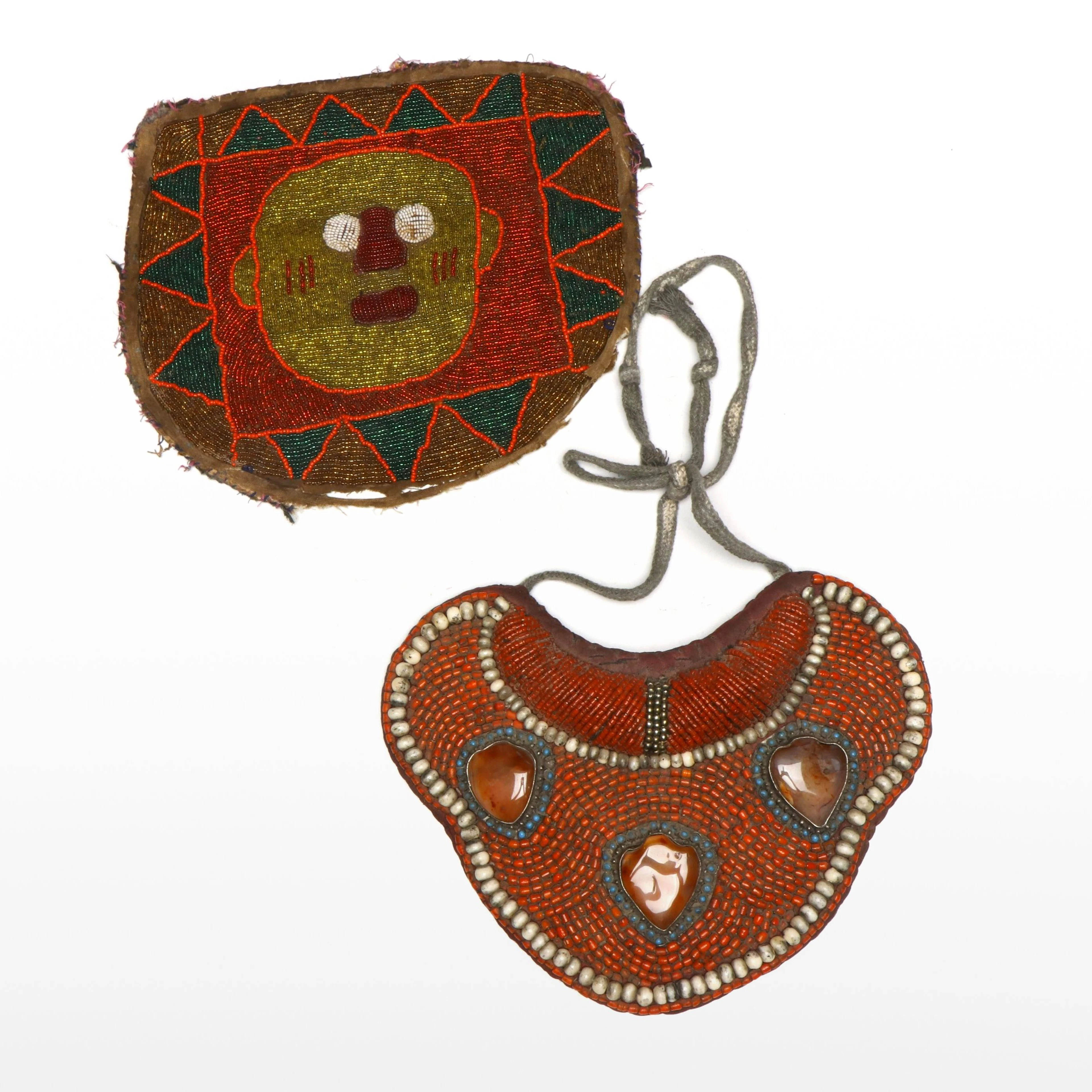 Tibetan Agate and Glass Bib Collar with Yoruba Ifa Beaded Diviner's Bag