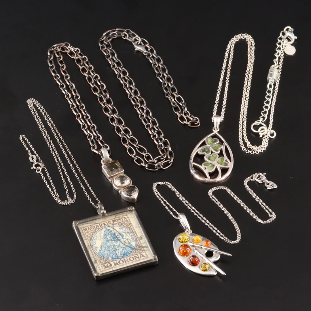 Sterling Amber, Irish Connemara Marble, Citrine and Stamp Pendant Necklaces
