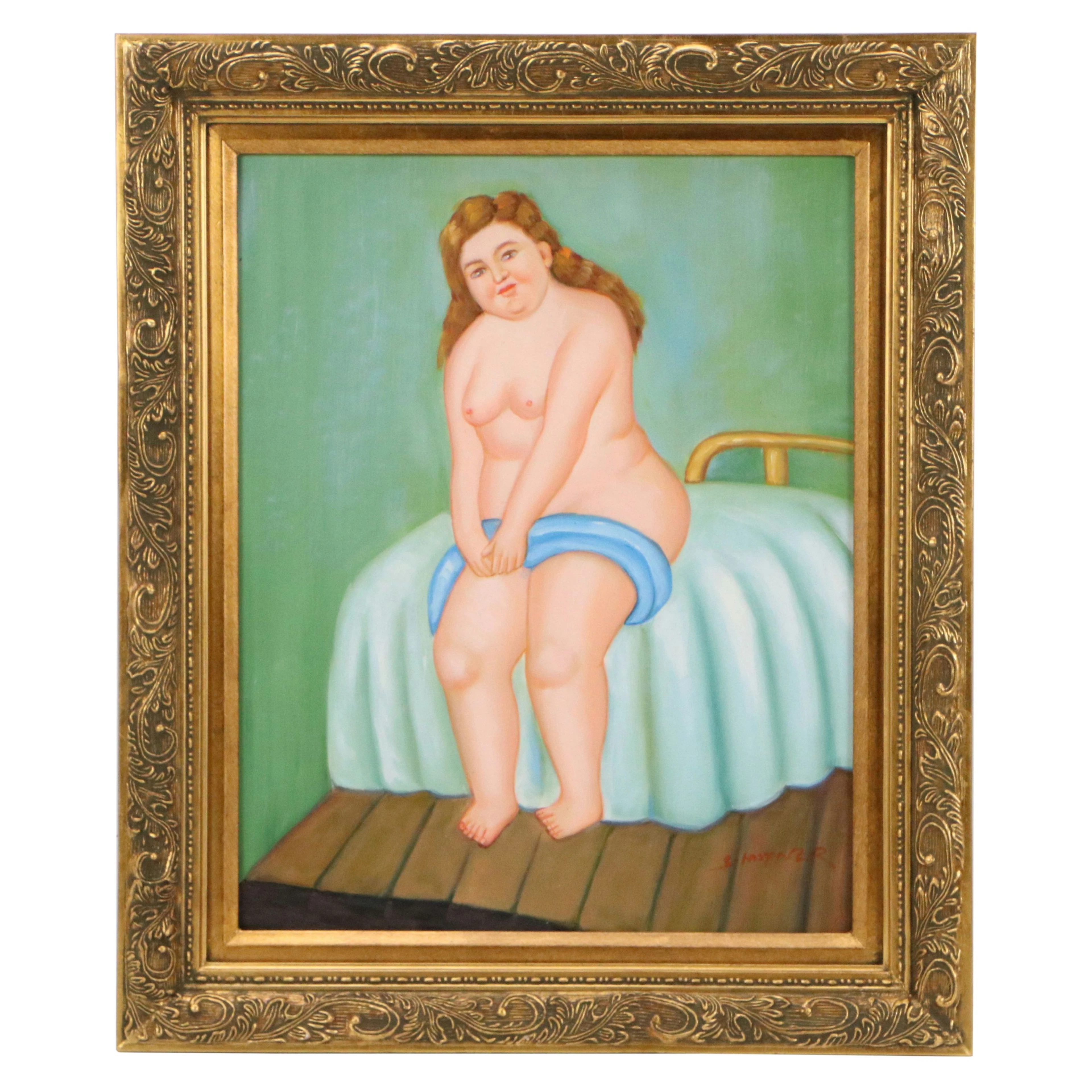 Oil Painting of Nude Woman in the Manner of Fernando Botero