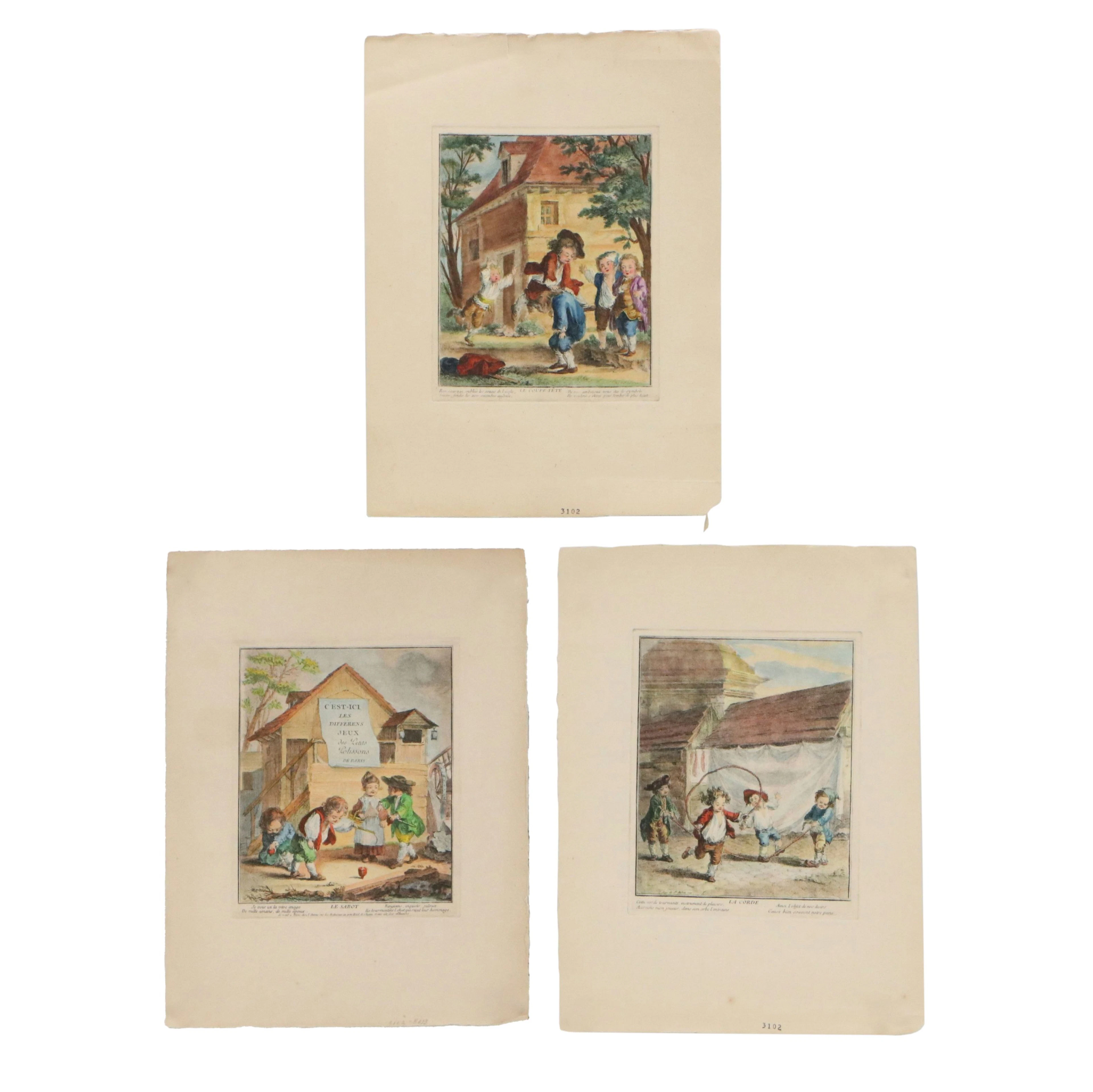 After Augustin De Saint-Aubin Hand-Colored Engravings of Children Playing