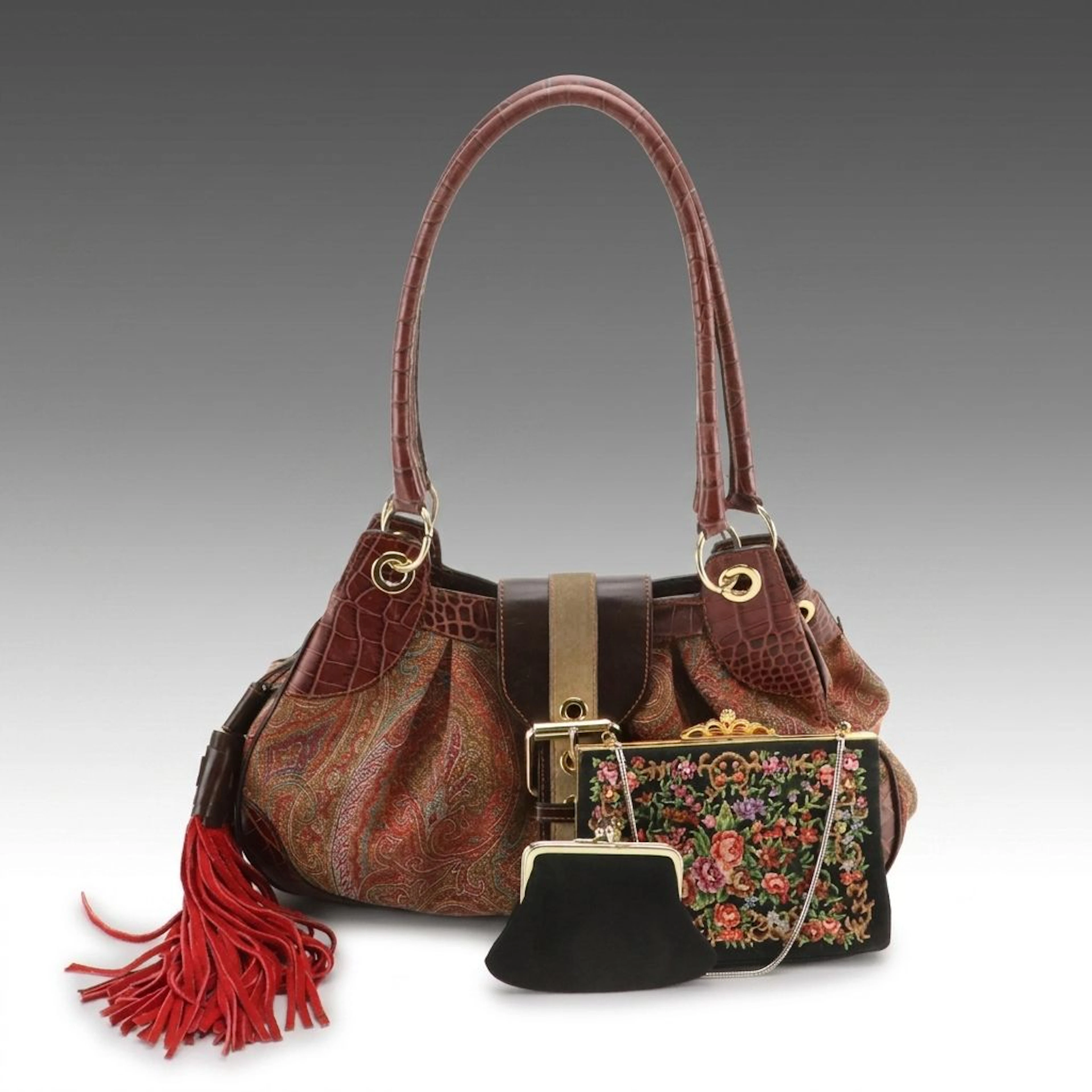 ETRO Buckle Closure Shoulder Bag in Paisley Canvas with Needlepoint Bags