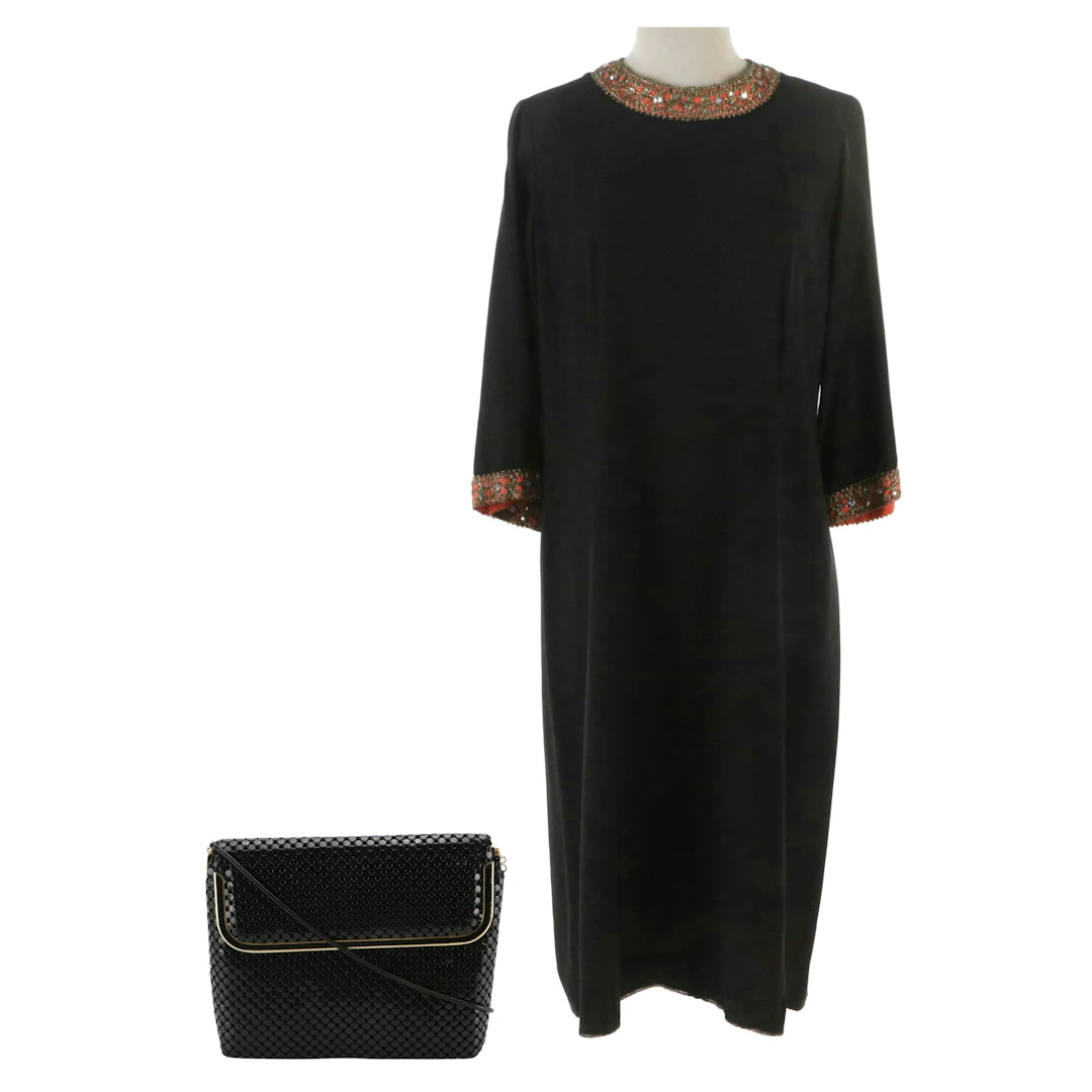 Melrose Vintage Embellished/Embroidered Cuff and Collar Shift Dress W/ Mesh Bag