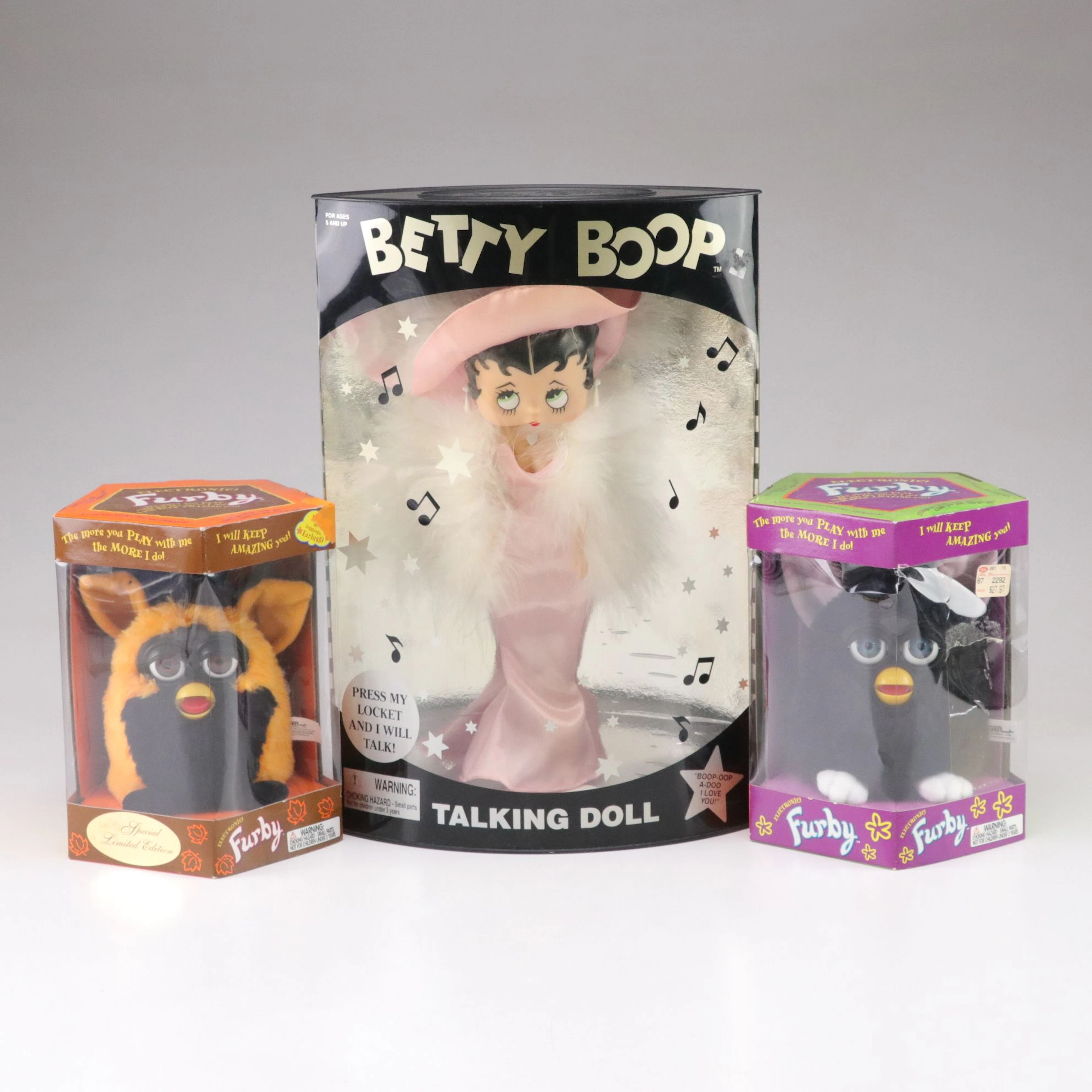 1998 "Betty Boop" Talking Doll with "Witch" Furby and Black Furby Model