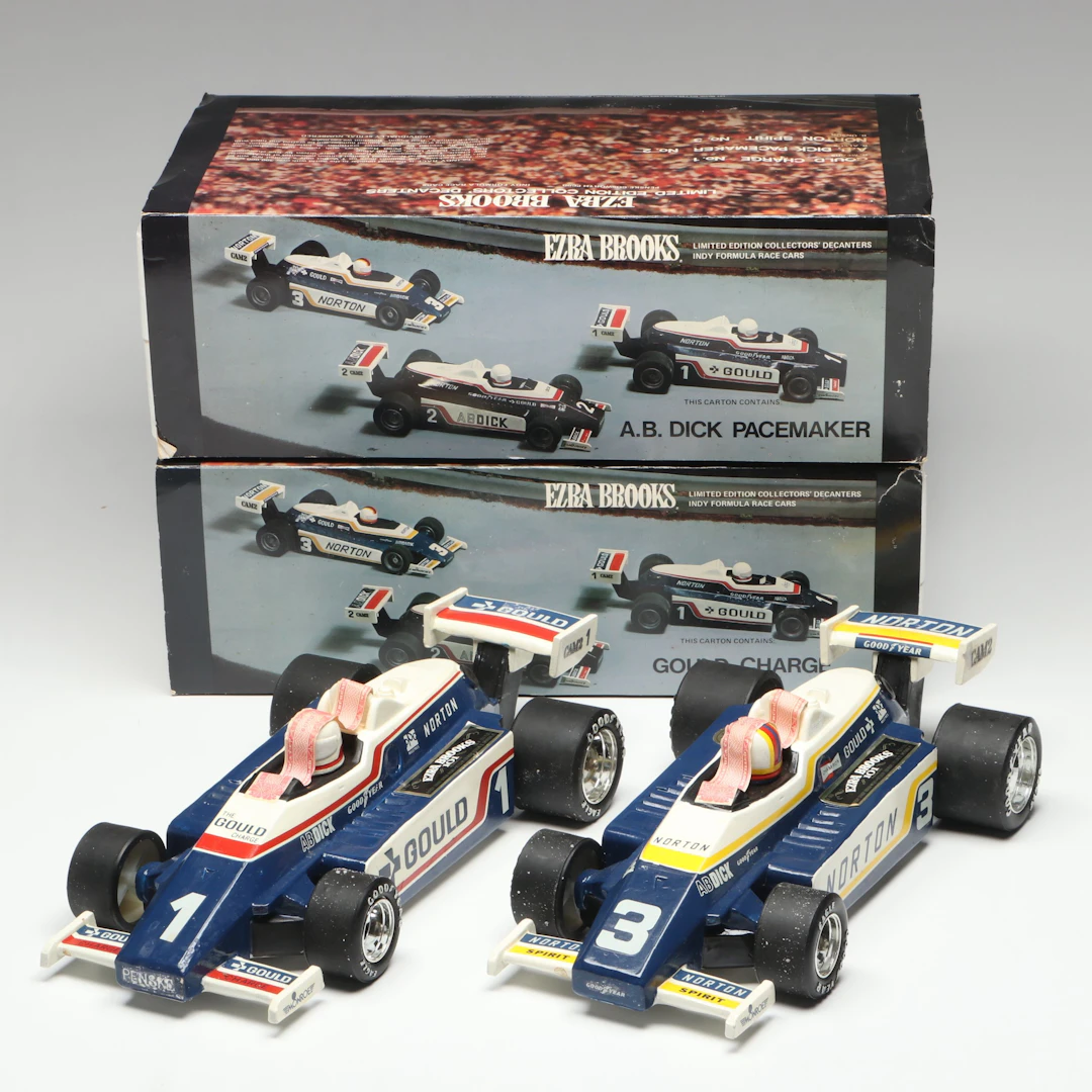 Ezra Brooks "Gould Charge" and Other Car Form Porcelain Liquor Bottle, 1980s