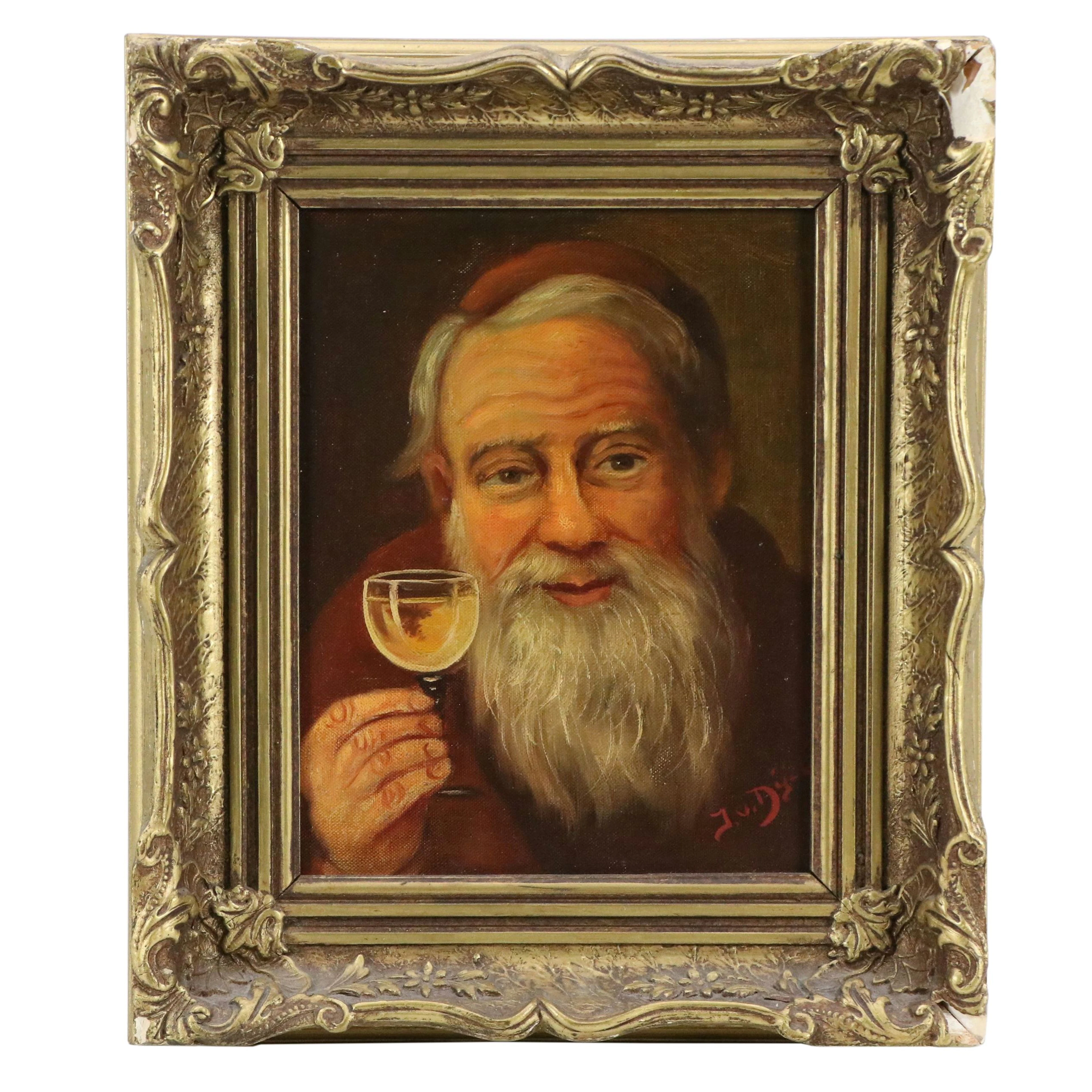 J.V. Dyck Oil Painting of Monk Savoring Wine