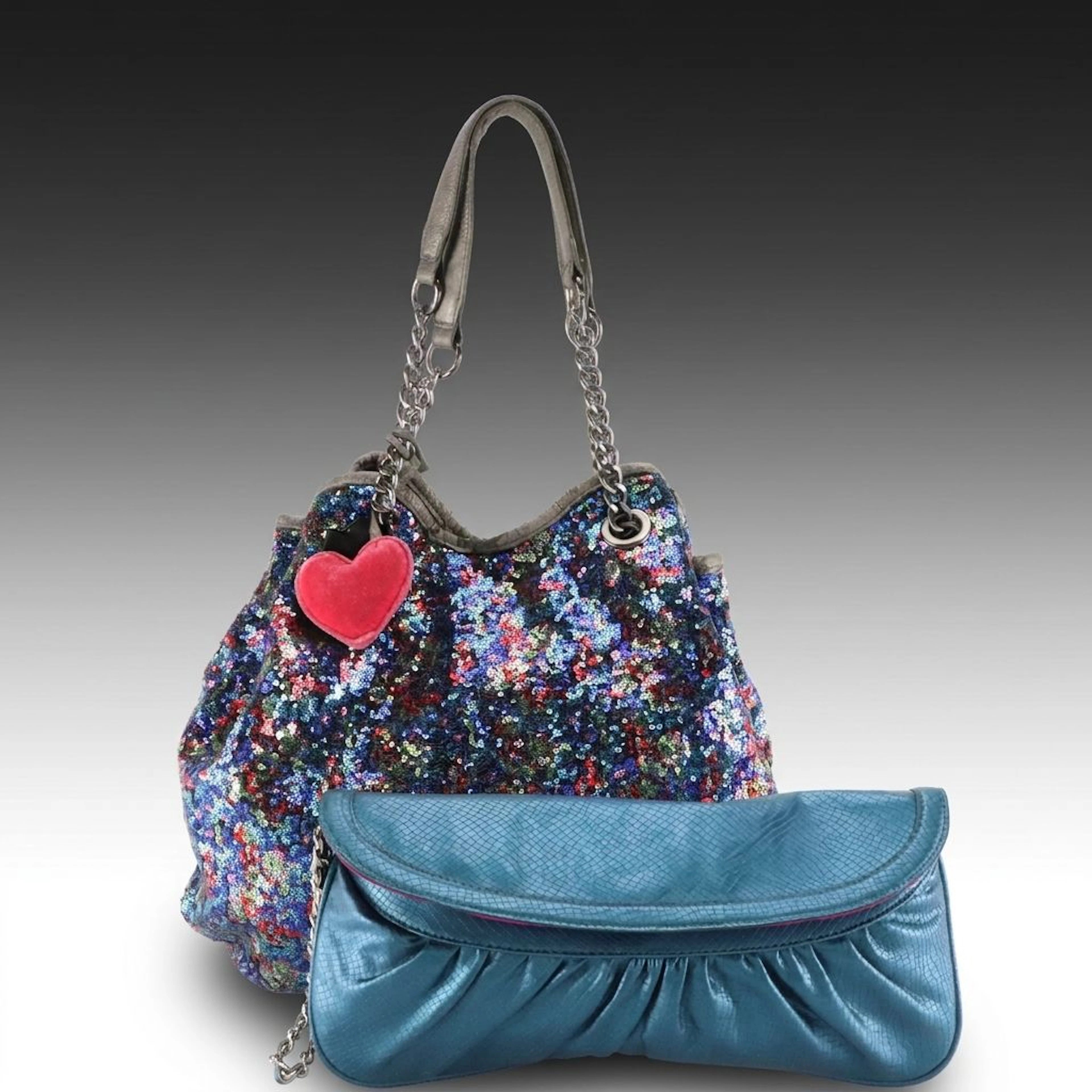 Betsey Johnson Sequin Hobo Tote Bag and Other Faux Snakeskin Wristlet Clutch