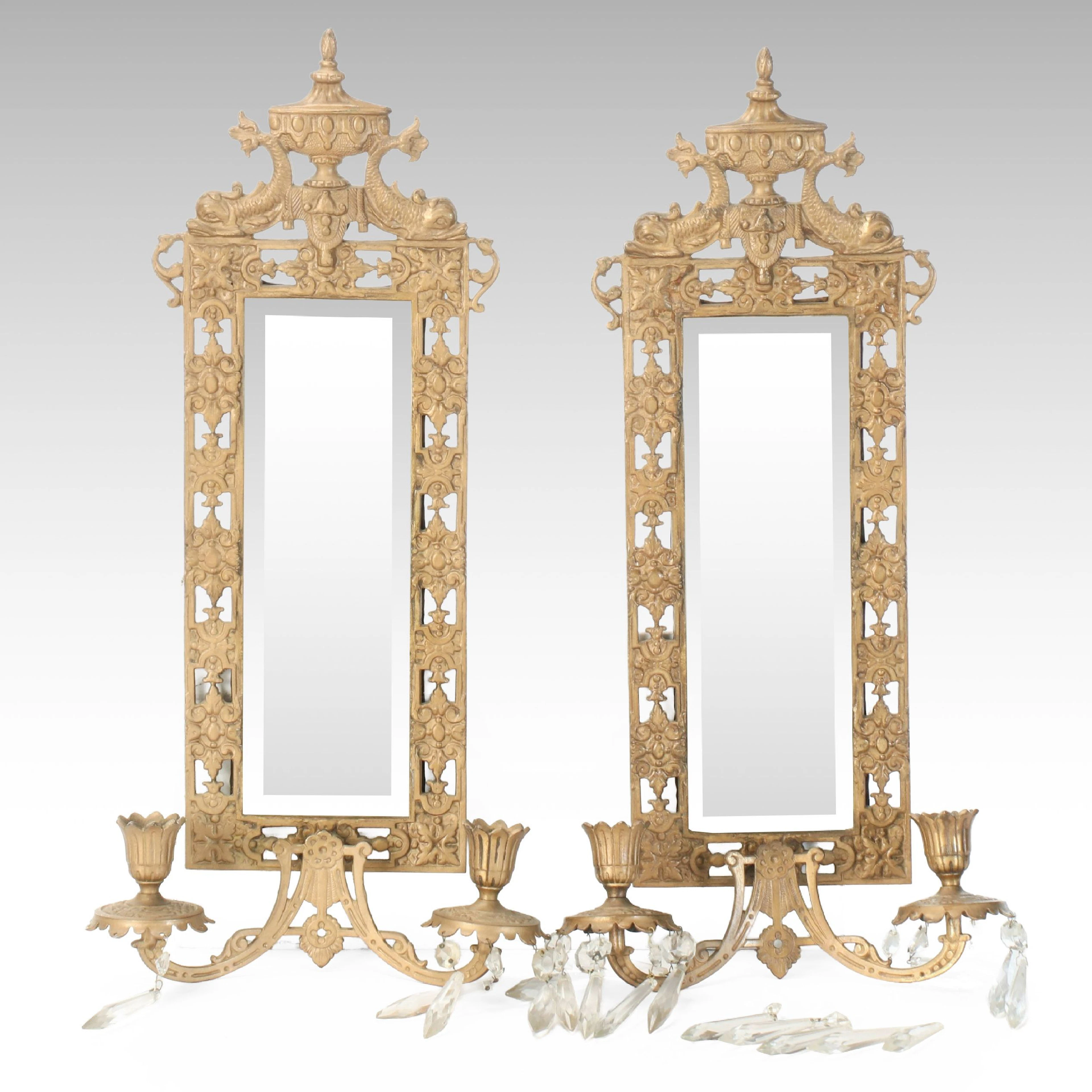 Ornate Openwork Mirrored Candle Wall Sconces, 20th Century