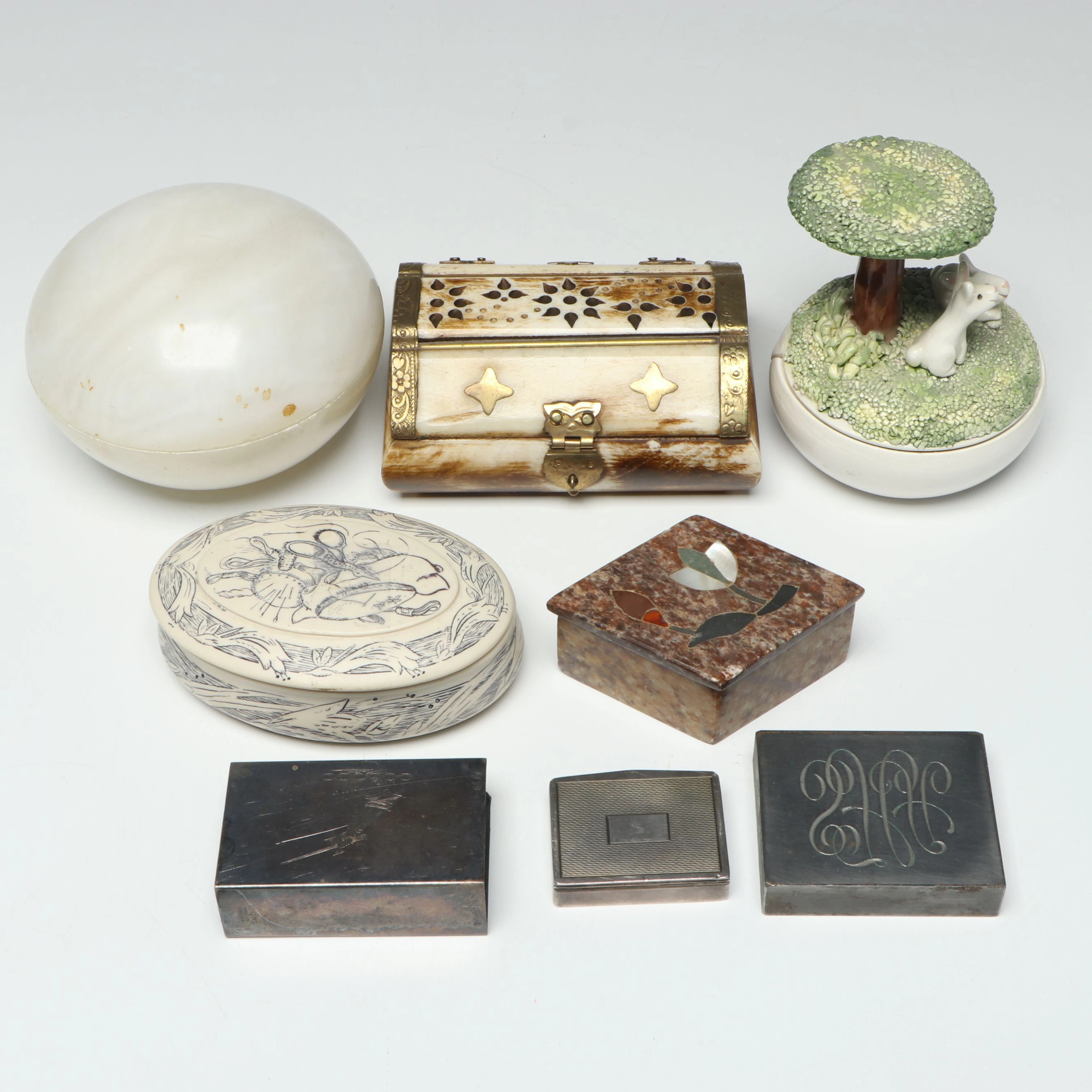Middle Eastern Floral Pieced Camel Bone Box with Brass Hardware and More Décor
