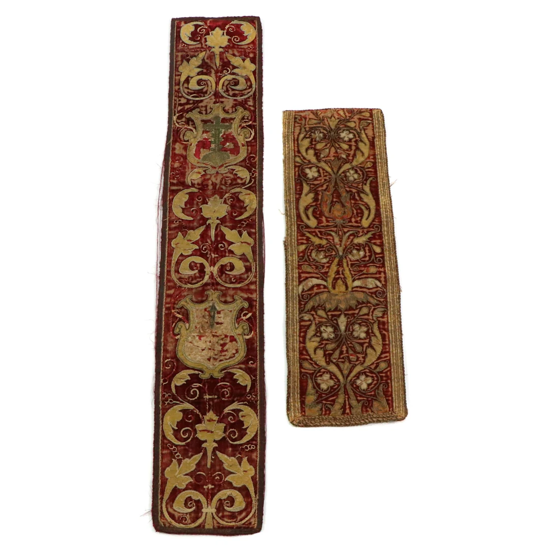 Antique Italian or Spanish Embroidered Velvet Panel Fragments, 17th Century