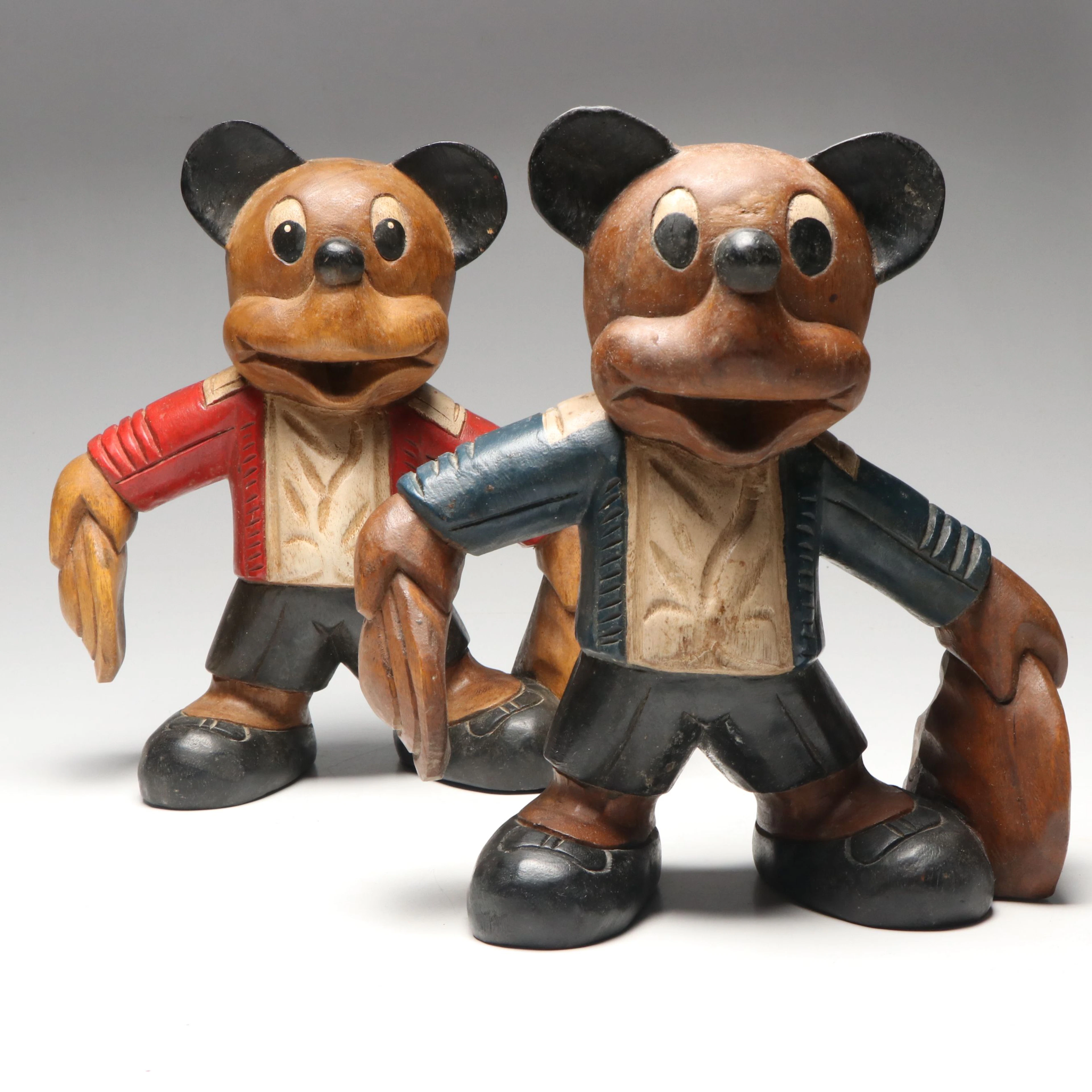 Pair of Hand-Carved Wooden Mickey Mouse Style Figurines, Late 20th C.
