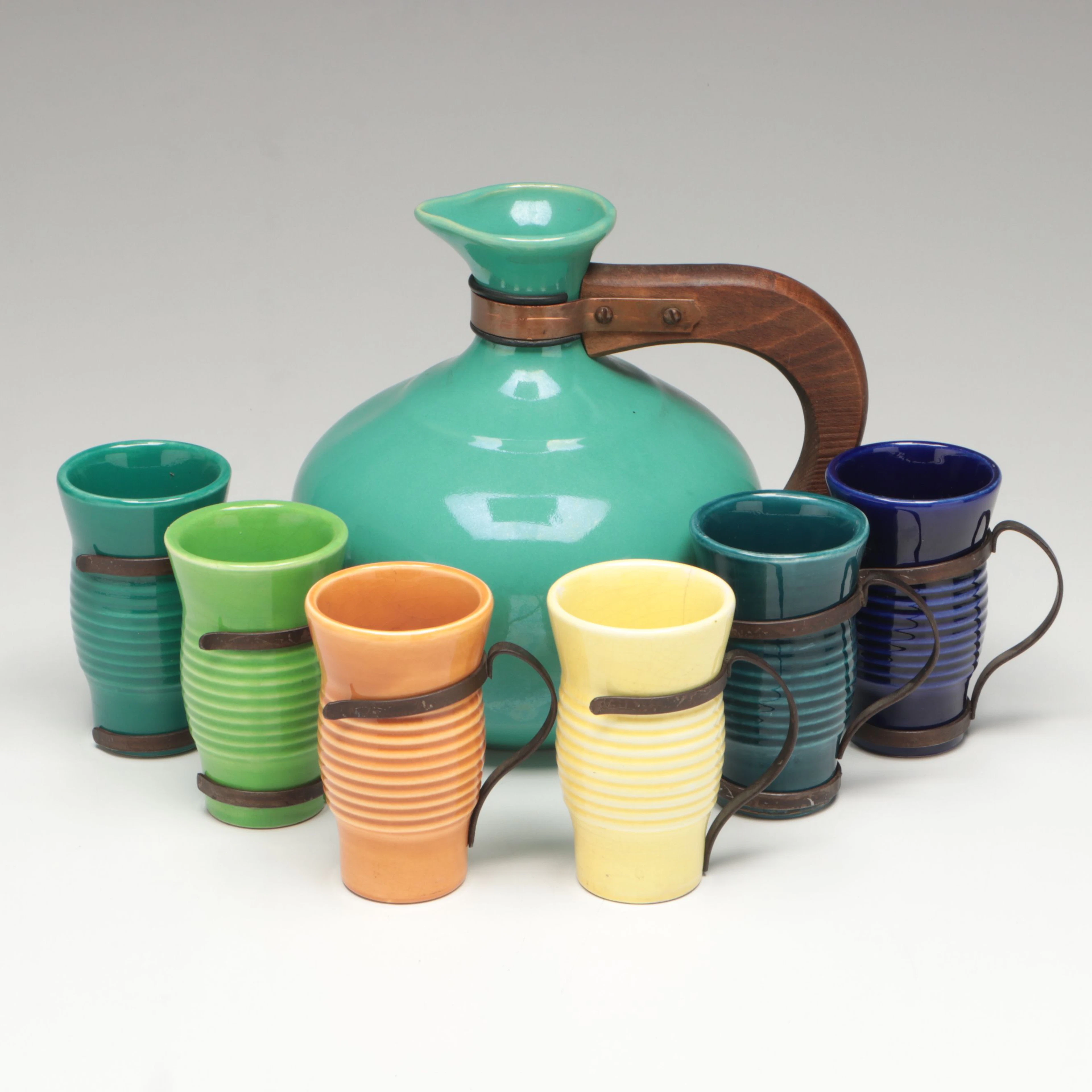 Italian Ceramic Cups with Metal Holders and Wood Handled Ceramic Pitcher