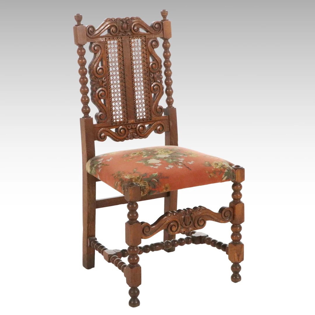 Jacobean Style Carved Oak Side Chair with Cane Back