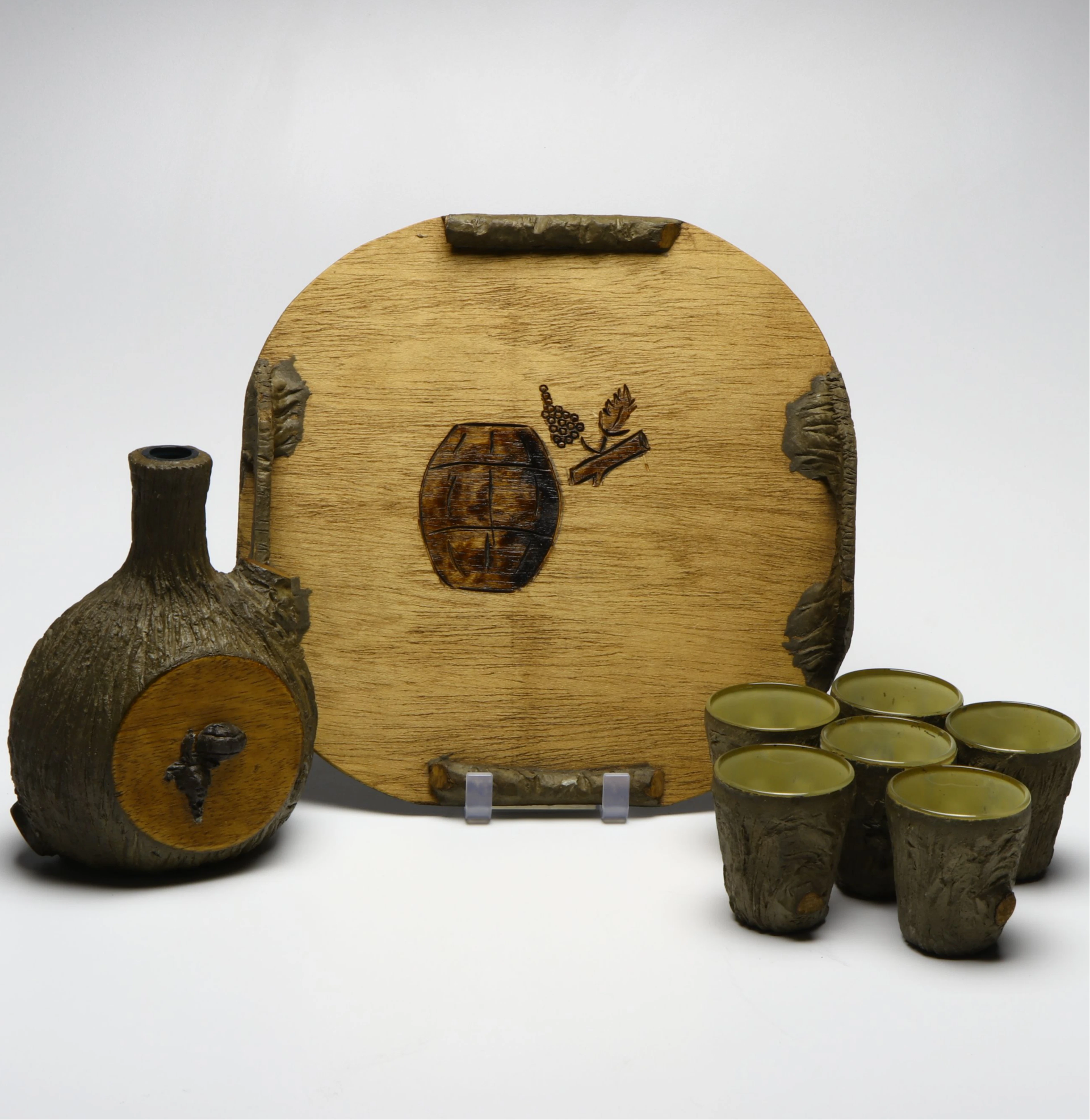 Mid Century Modern Style Sculpted Tree Bark Decanter Set and Tray