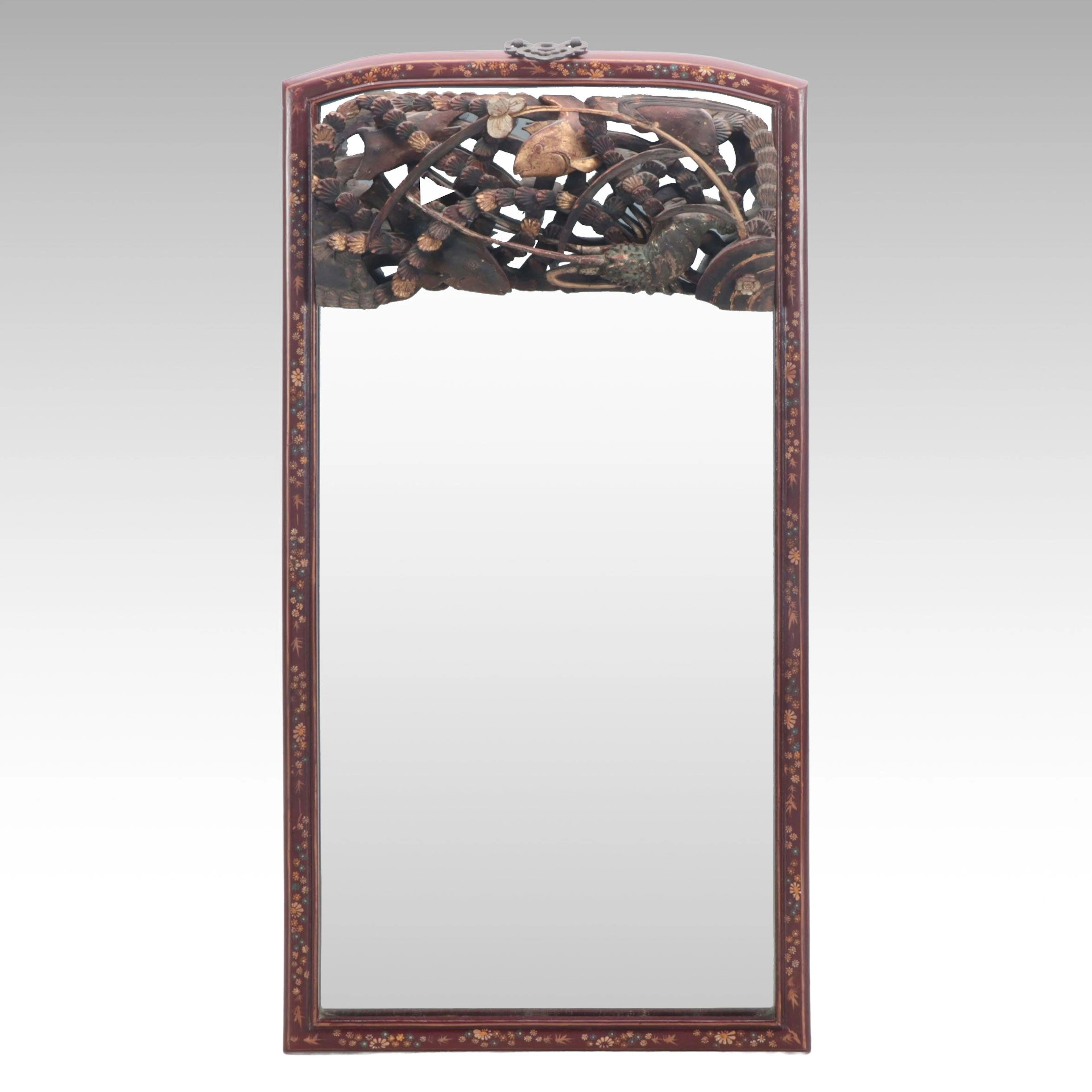 Chinese Gilt Carved Wood Koi Fish Wall Mirror, 19th Century