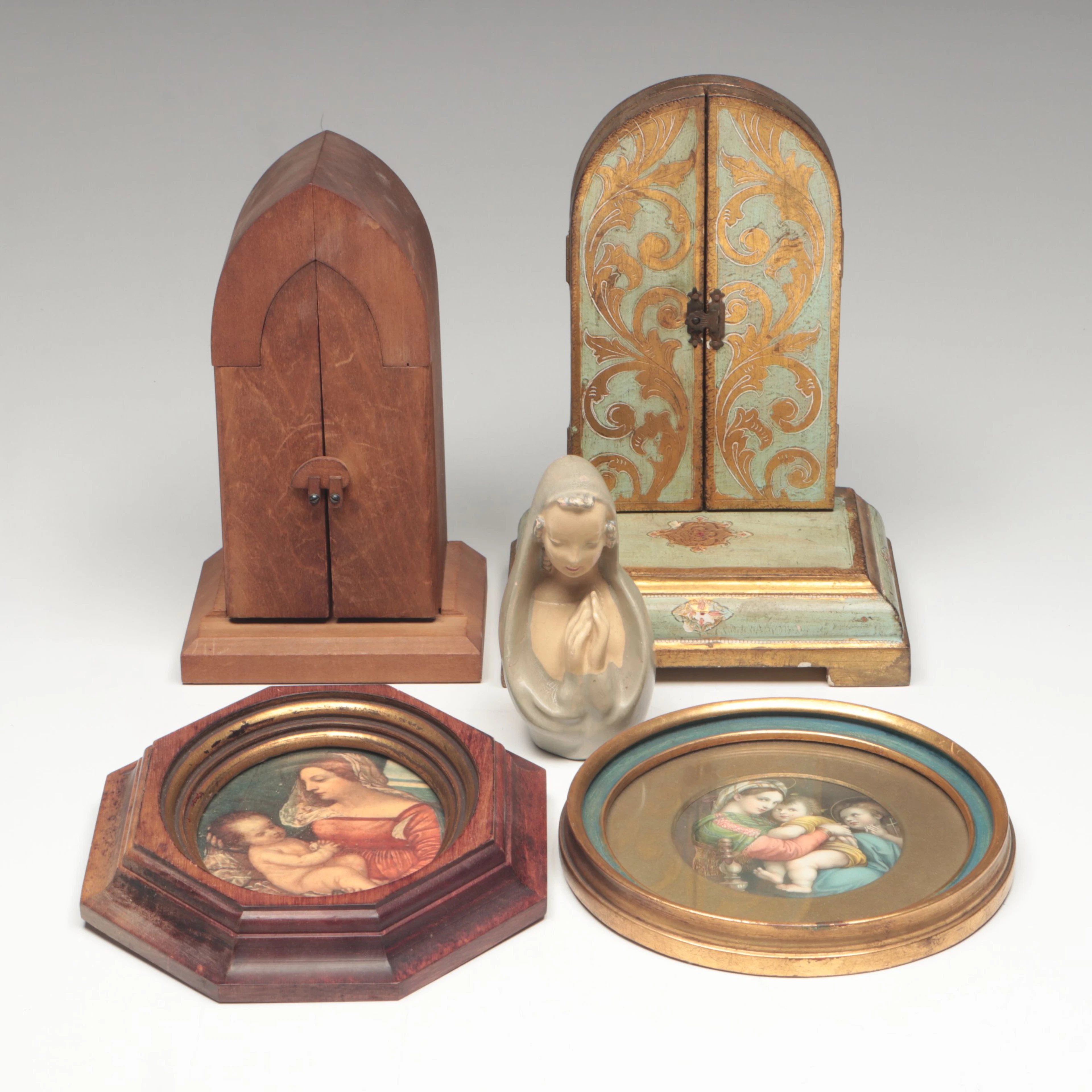 Chalkware Virgin Mary, Miniature Musical Wooden Altars, and Wall Art