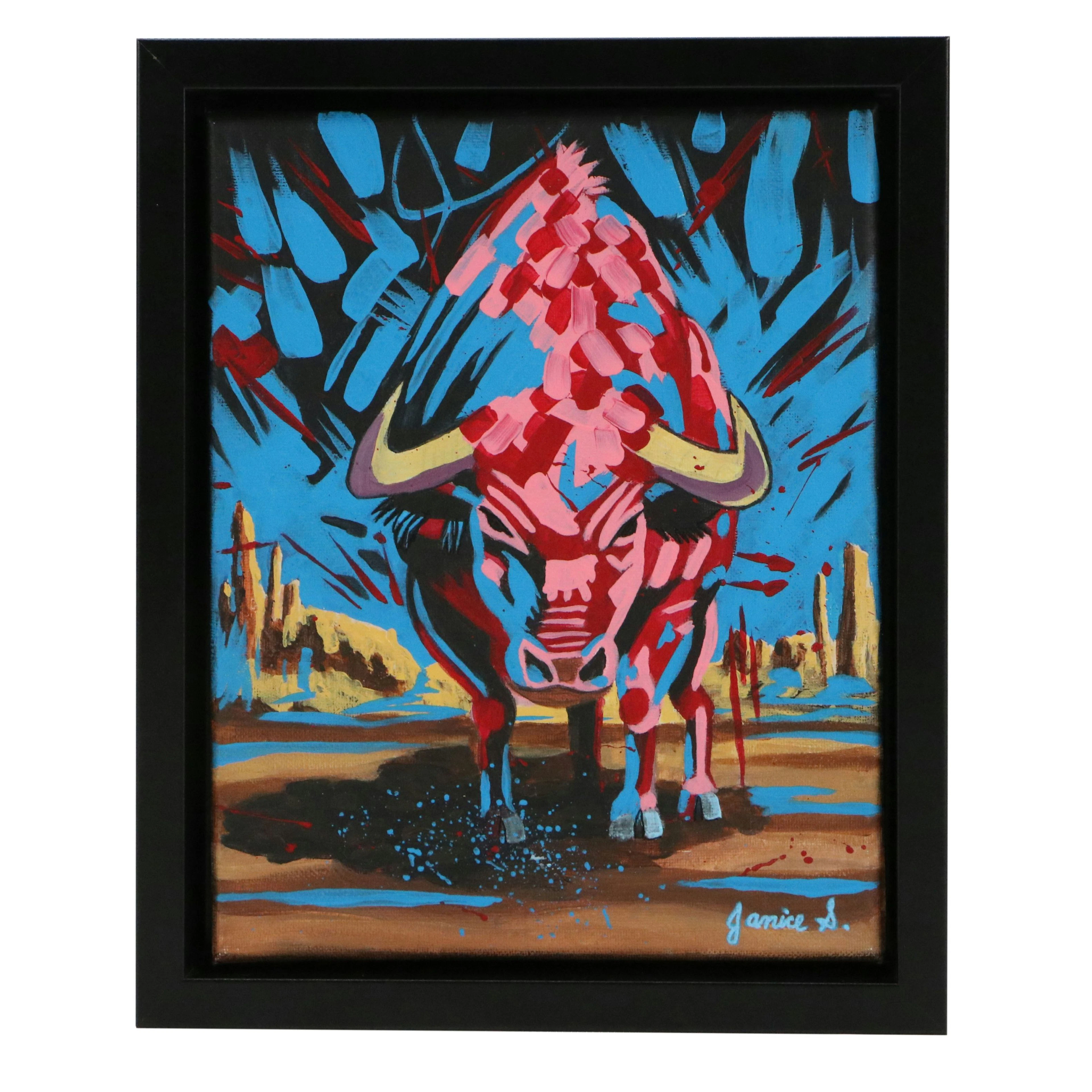 Janice S. Pop Art Style Acrylic Painting of Charging Bull