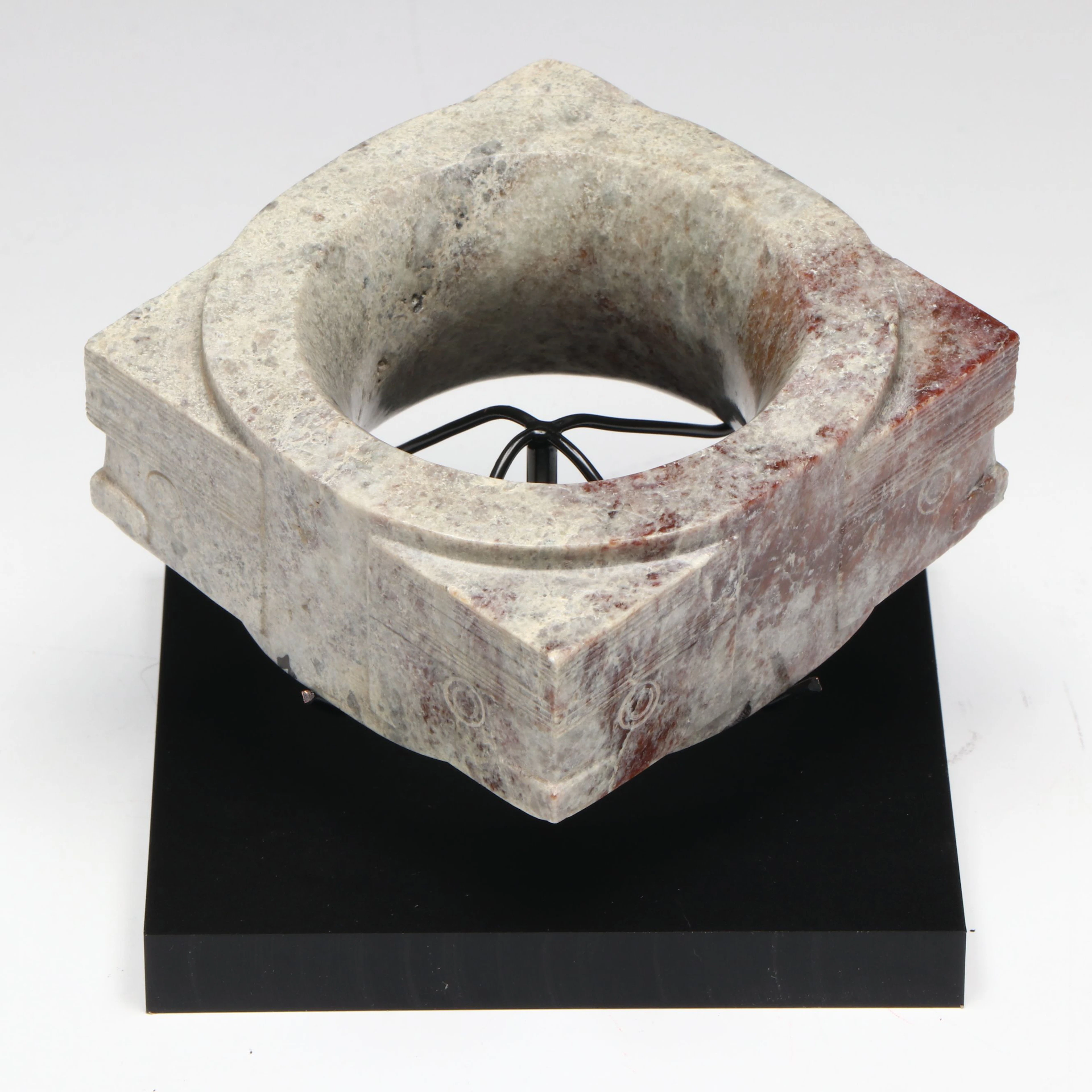 Chinese Neolithic Style Carved Stone Cong with Mask Corners