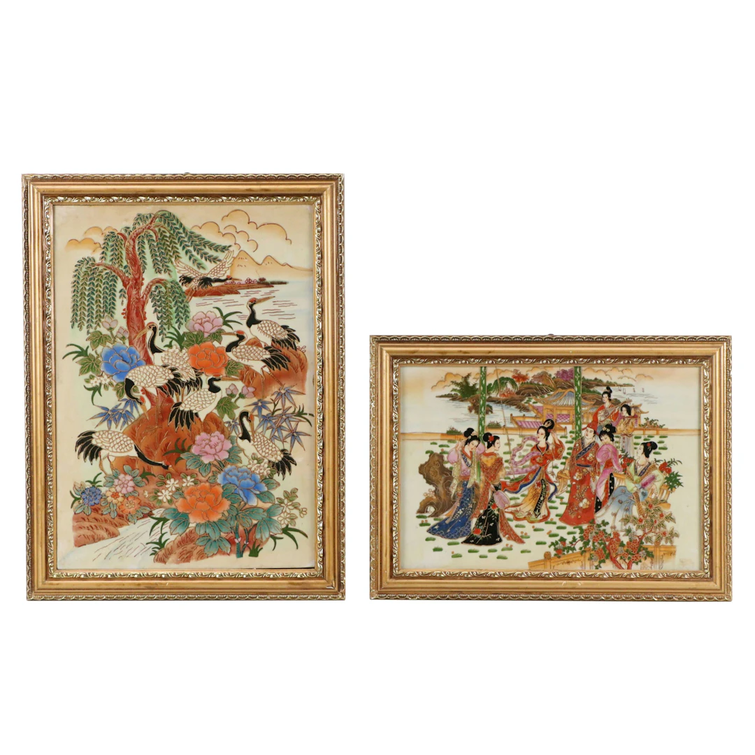 Chinese School Hand-Embellished Genre and Wildlife Scenes on Ceramic Tiles