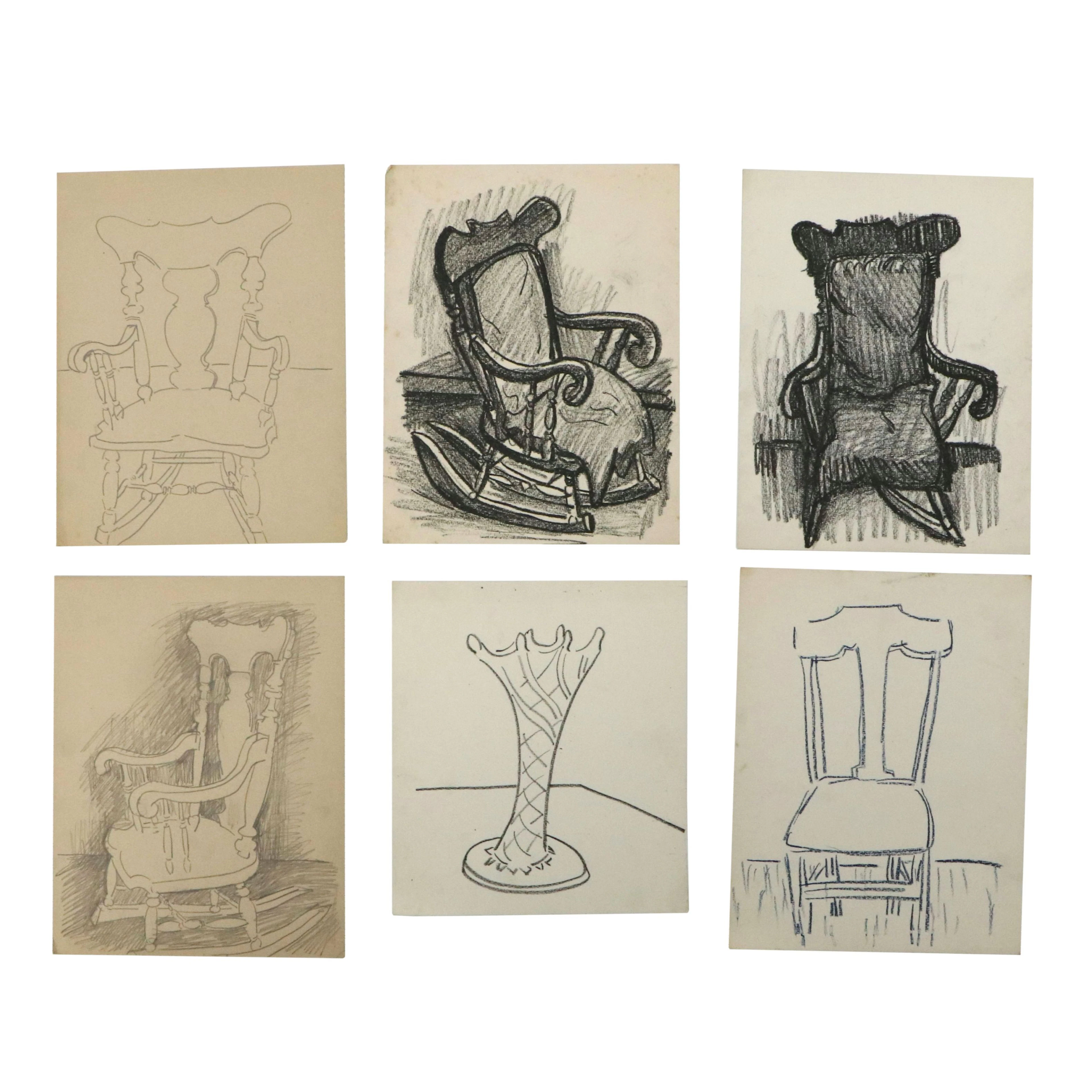 Achillo “Achi” Sullo Pastel and Graphite Drawings of Chairs and Vase