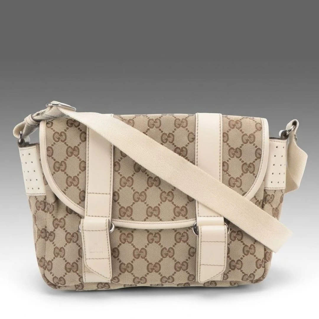 Gucci Small Messenger Crossbody Bag in GG Canvas, Perforated and Smooth Leather