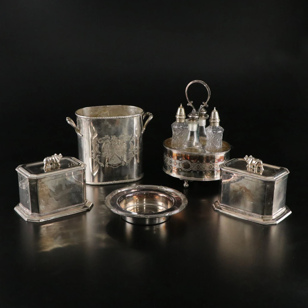 Towle Silverplate Bonbon Bowl with Cruet Set and More