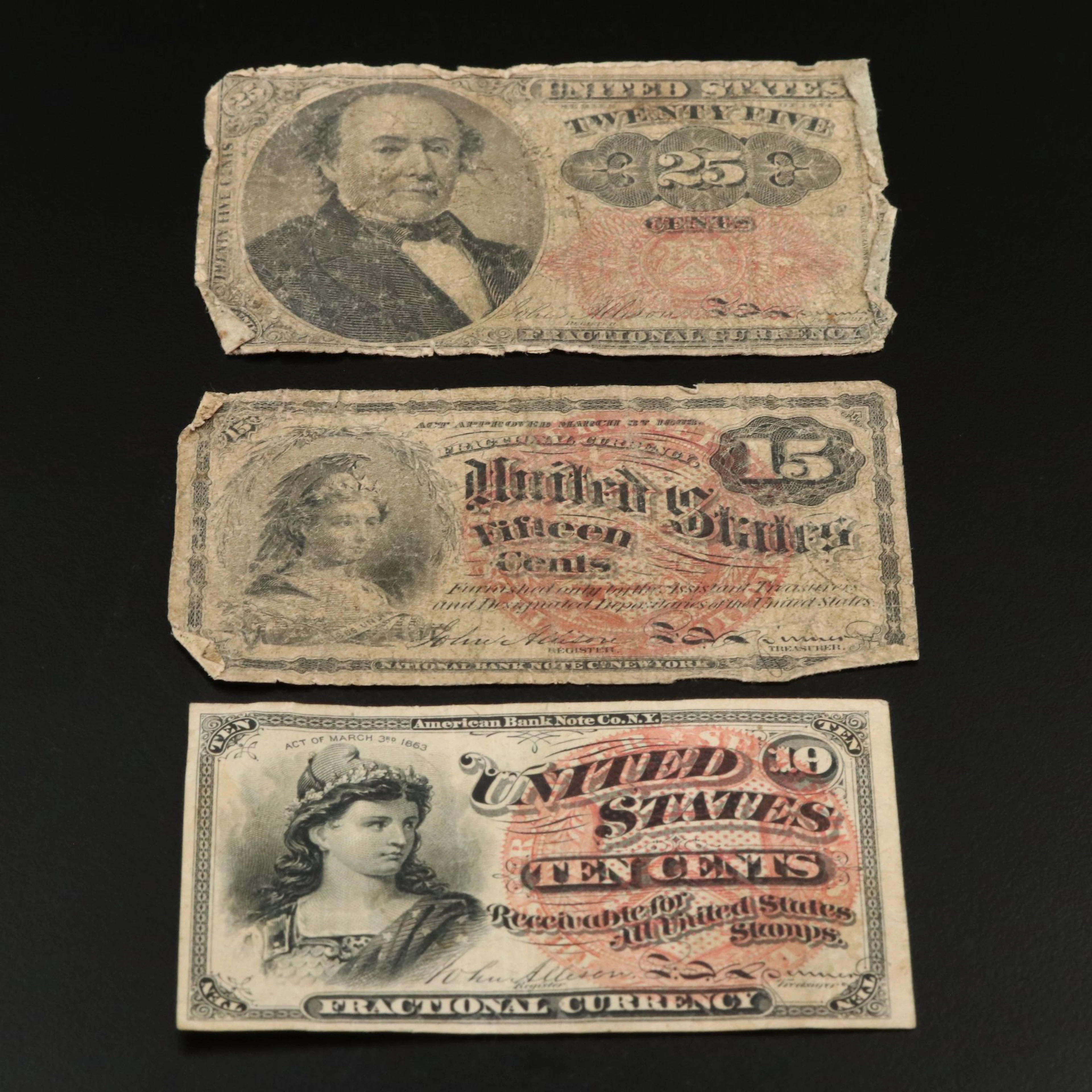 Three U.S. Fractional Currency Notes, 4th and 5th Issues, 1870s