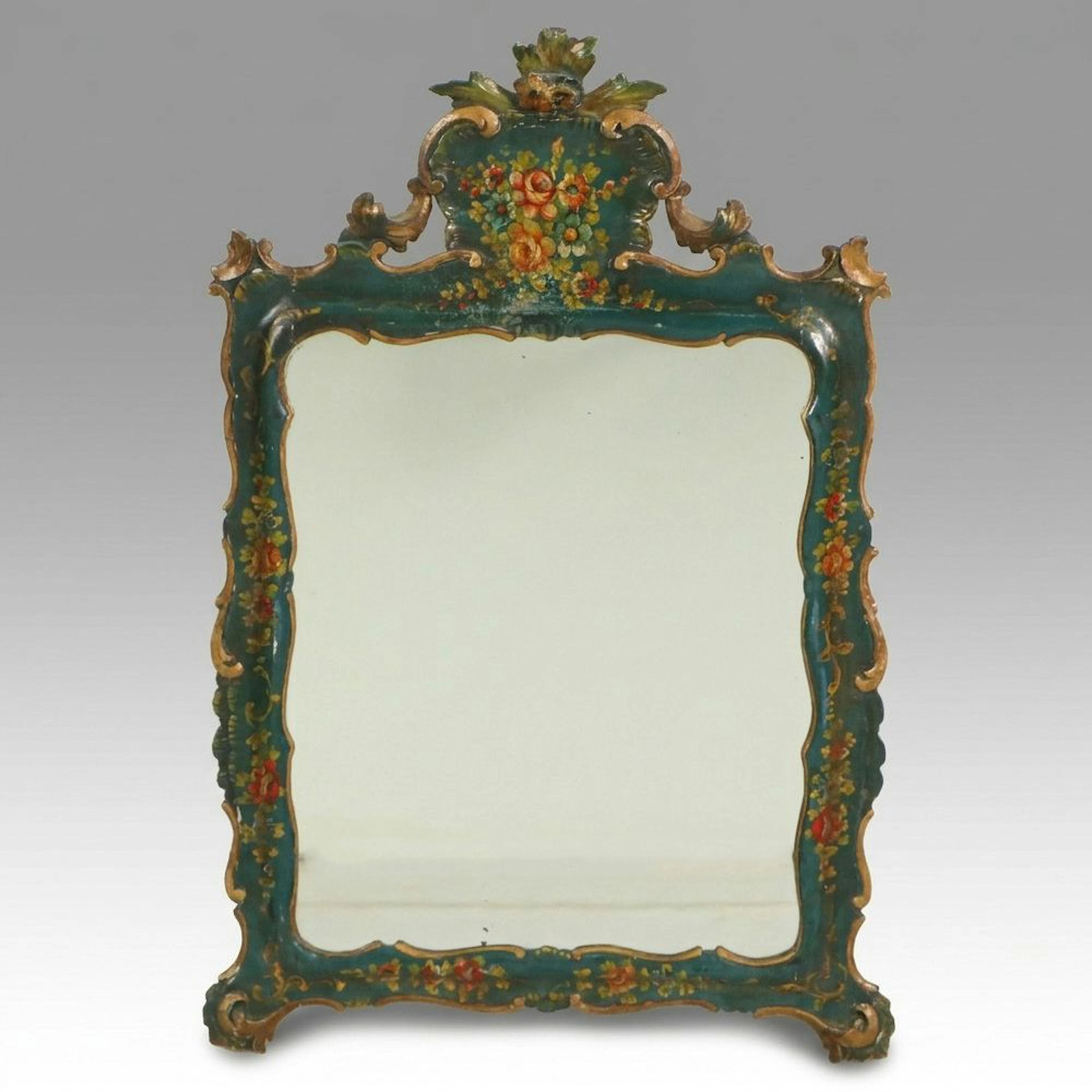 Venetian Rococo Style Polychrome-Decorated and Parcel-Gilt Mirror