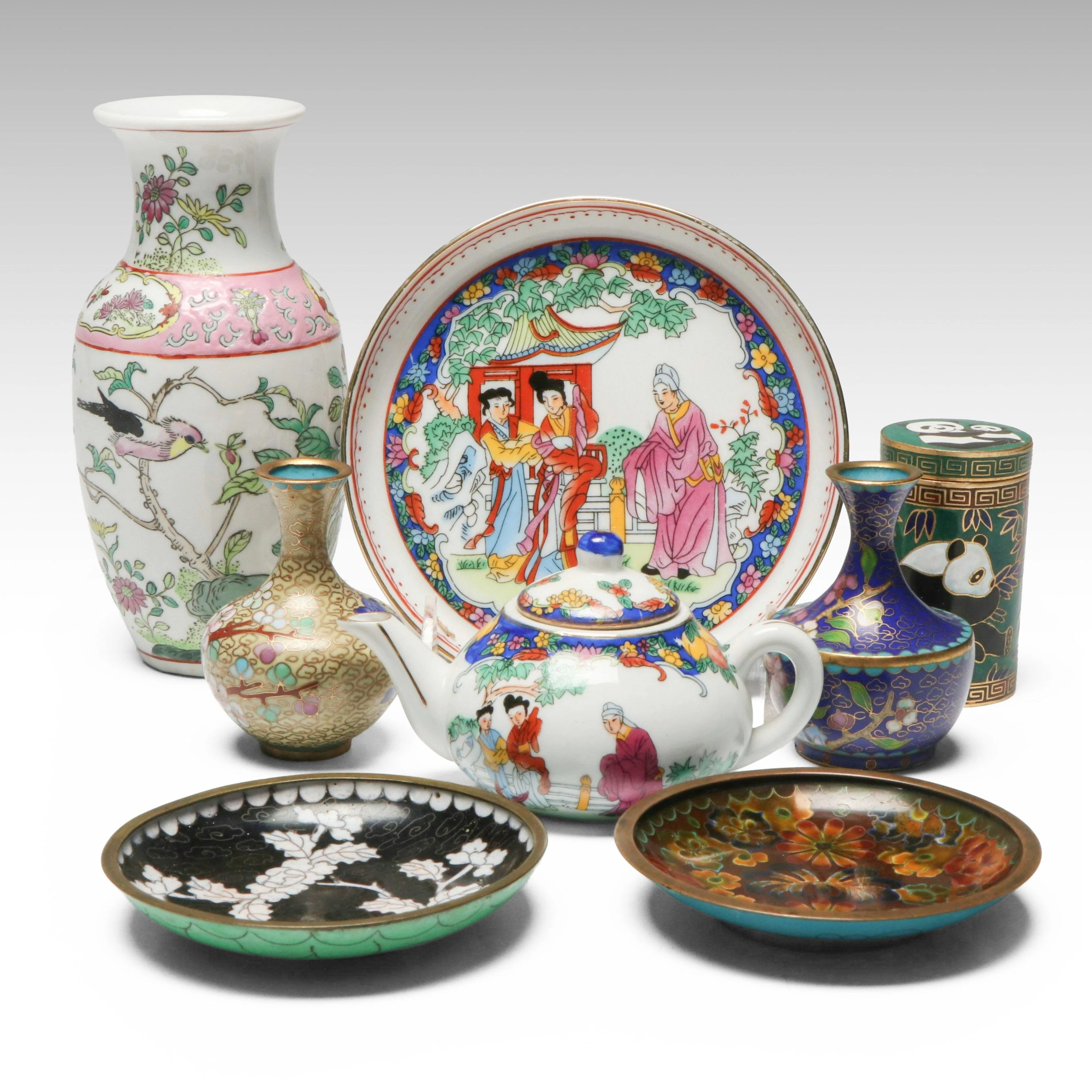 Chinese Cloisonné Bud Vases, Box and Plates with More Porcelain Décor