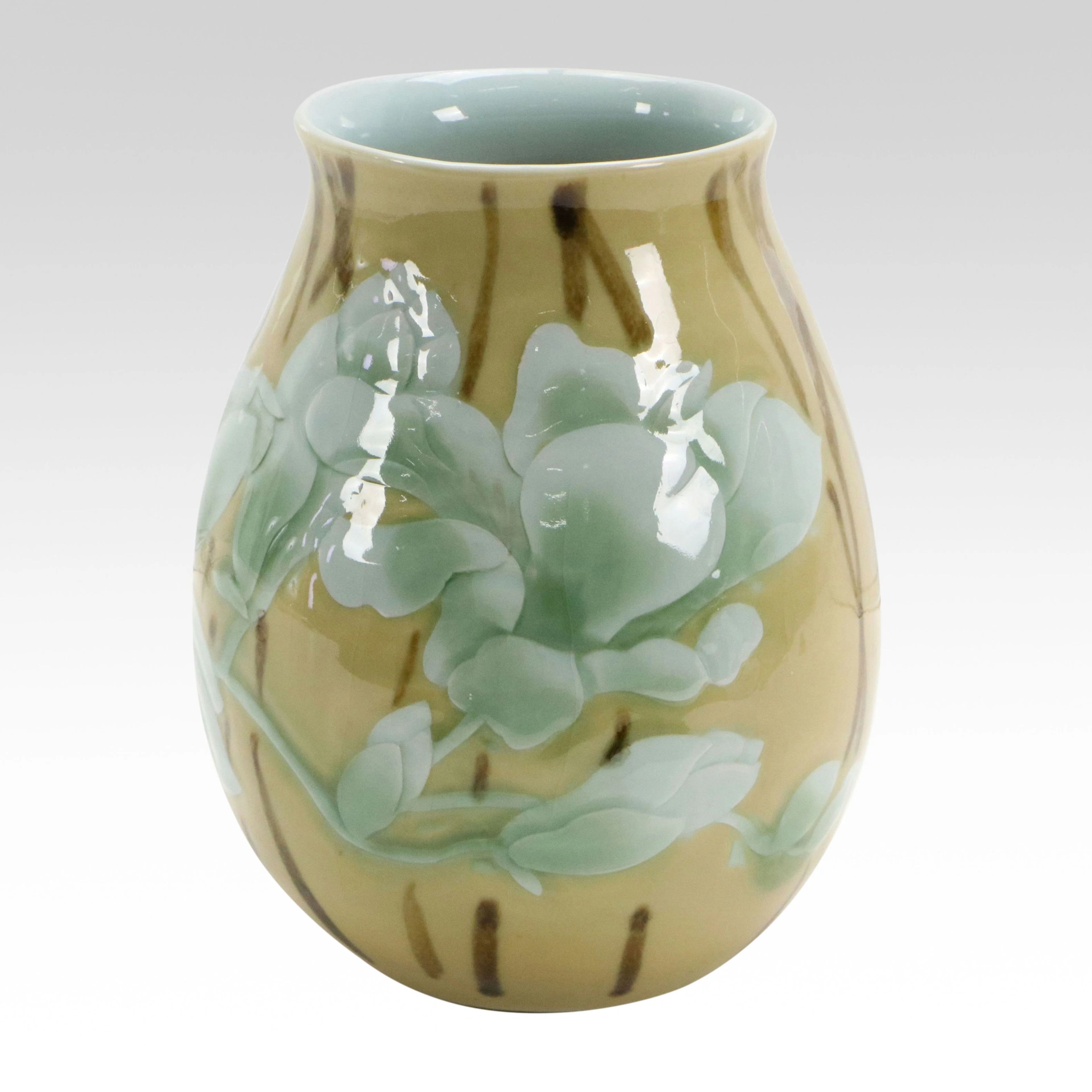 Chinese Celadon Green Lotus Motif Porcelain Vase