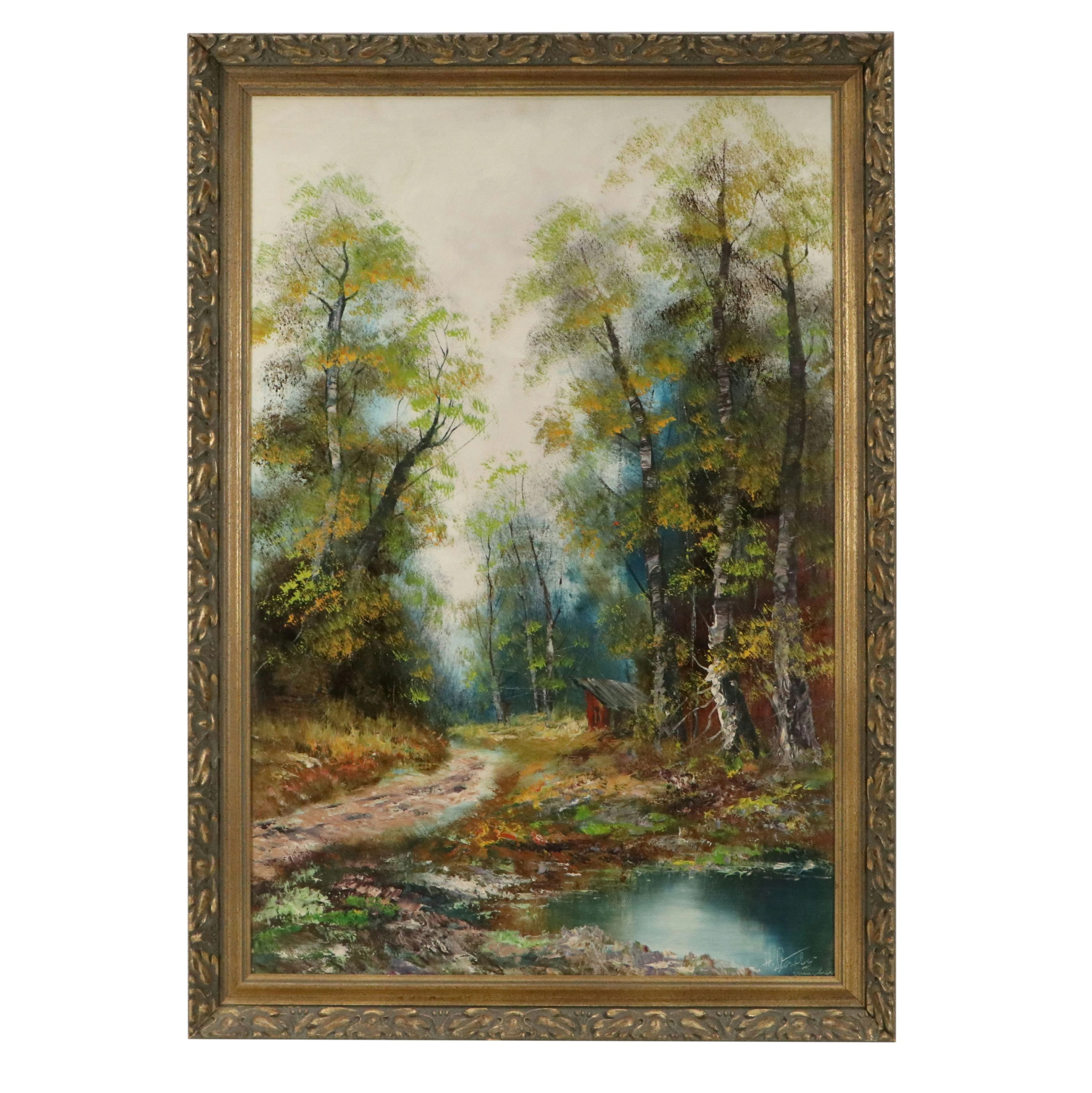 Helmut Stadelhofer Landscape Oil Painting of Cabin in Woods