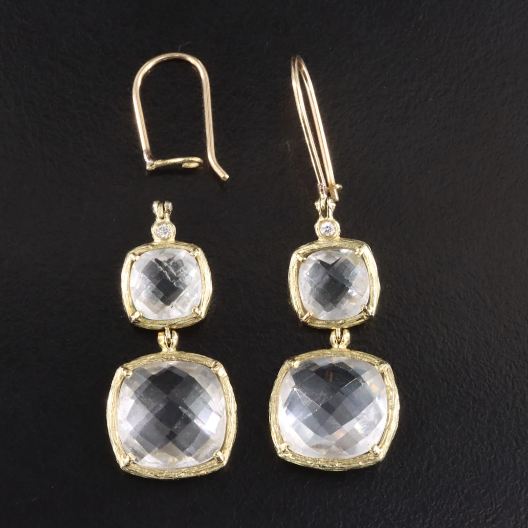 14K Rock Crystal and Diamond Drop Earrings