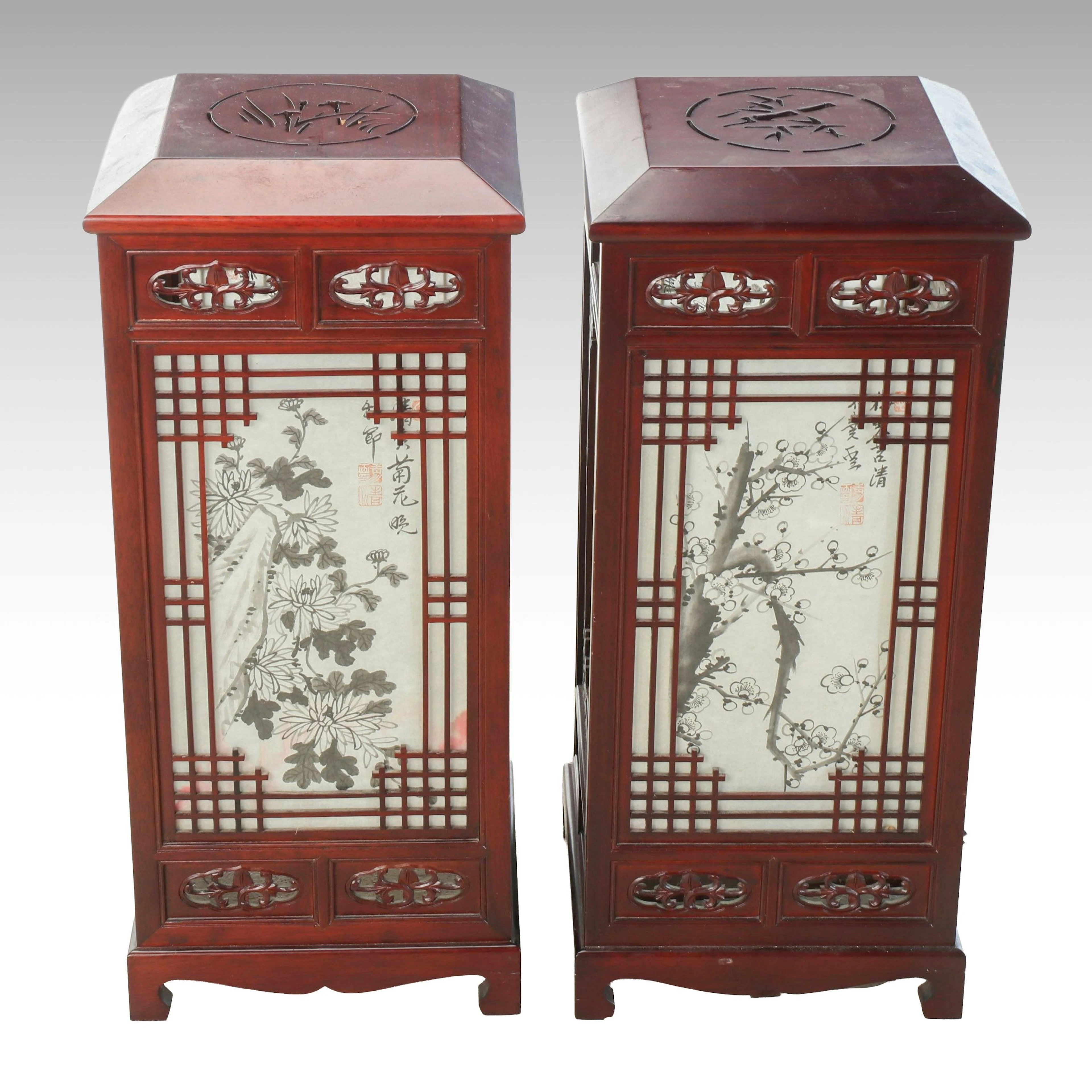 East Asian Style Four Seasons Printed Paper and Wood Lattice Lanterns