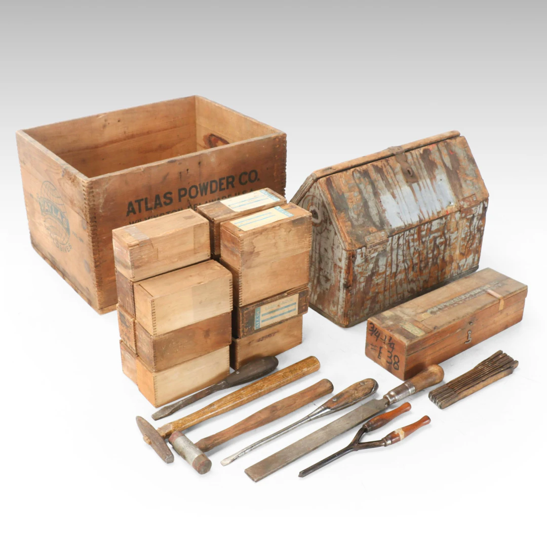 Atlas Powder Co. Explosives Wooden Crate with Other Tools and Boxes