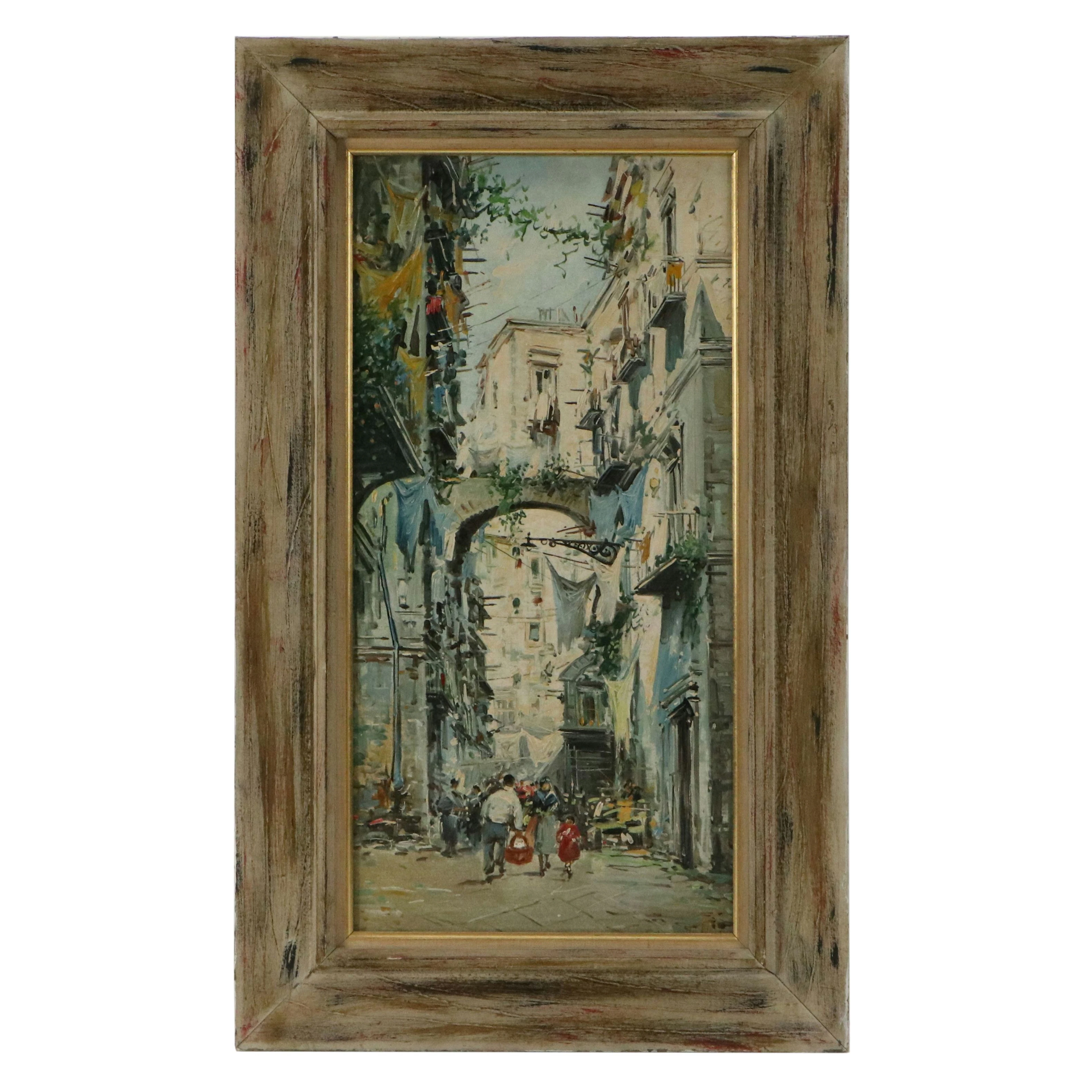 Impressionistic Oil Painting of European Street Scene, Mid-20th Century