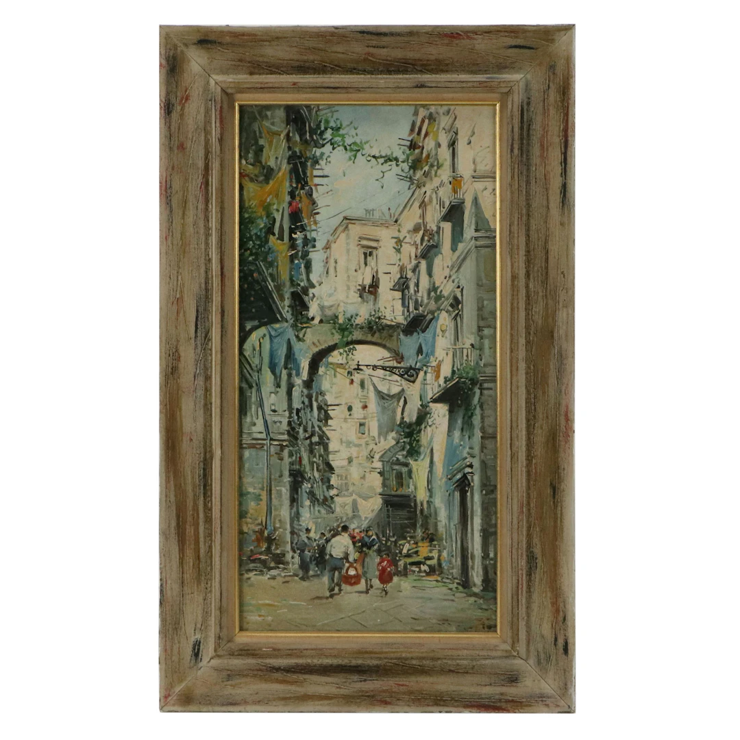 Impressionistic Oil Painting of European Street Scene, Mid-20th Century