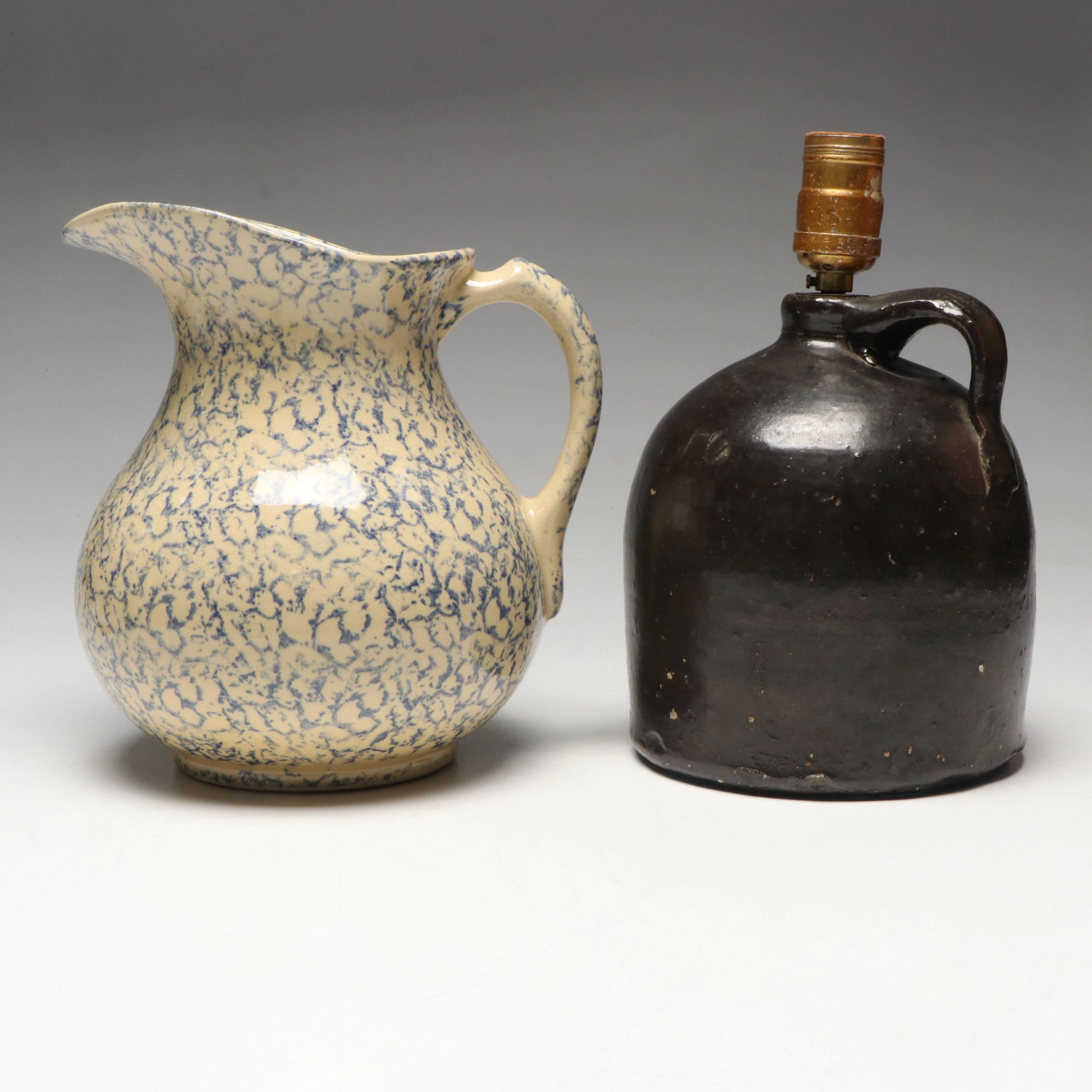 Spongeware Ceramic Pitcher with Stoneware Crock Adapted as Lamp