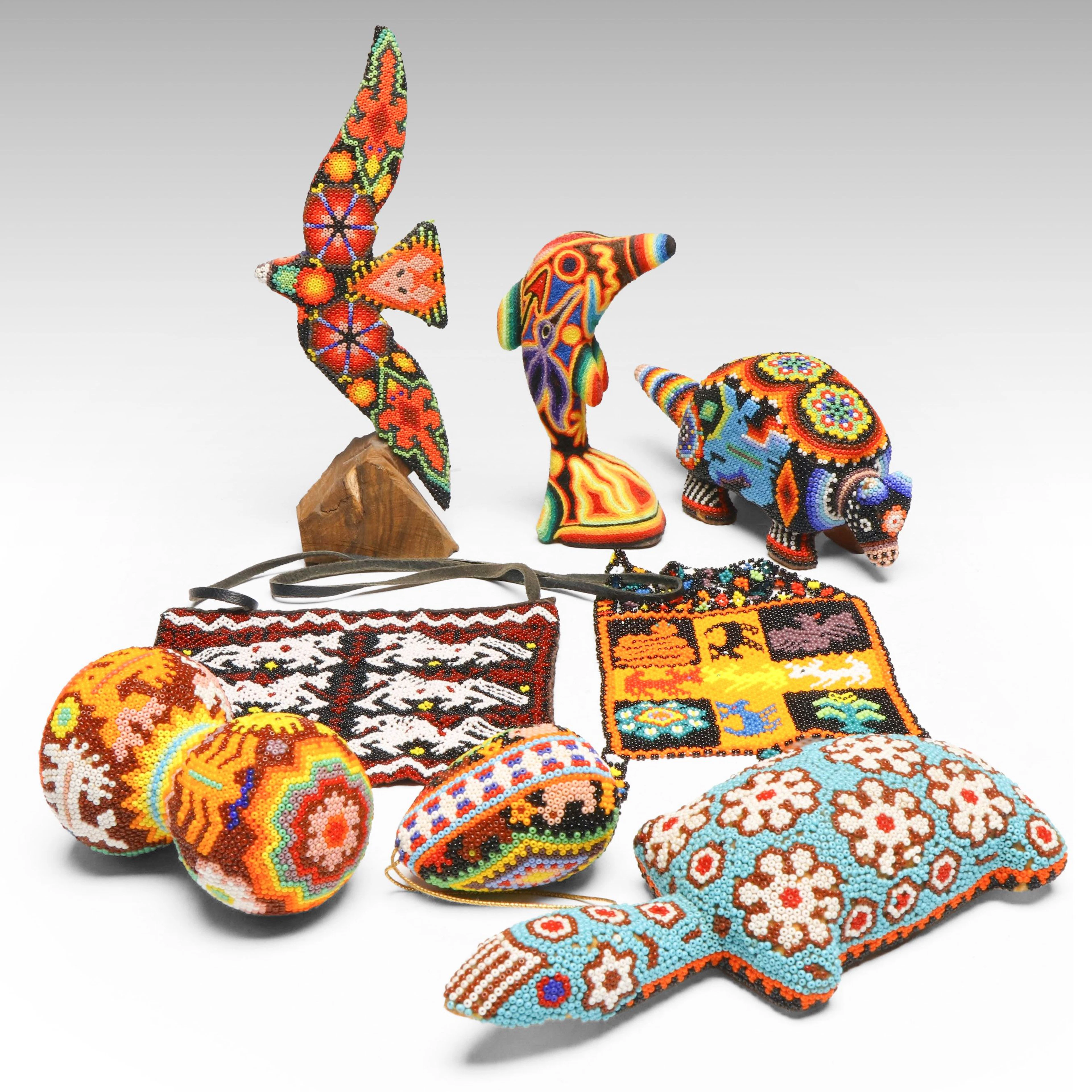 Mexican Huichol Bead and Yarn Folk Art Figures with Other Beaded Pouches