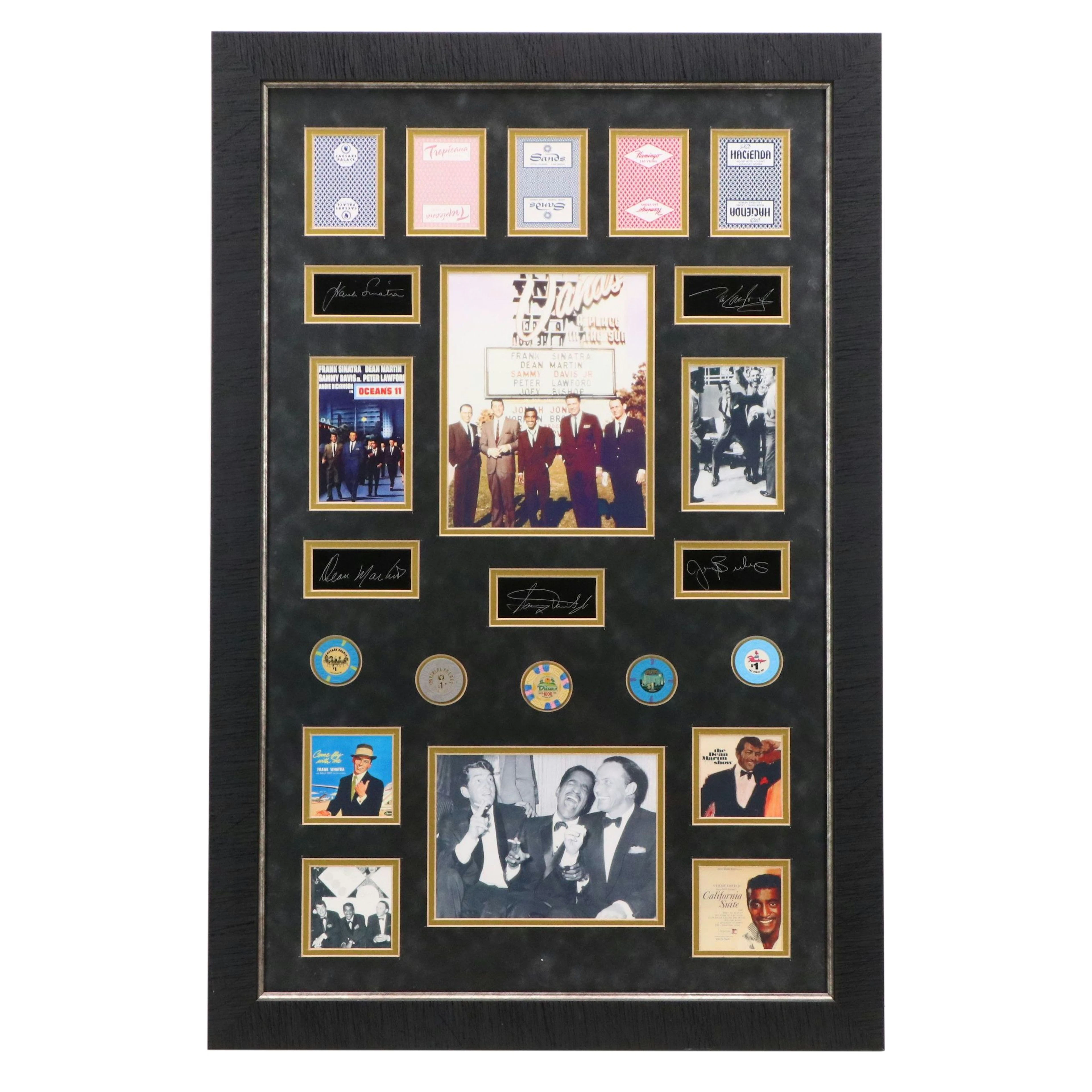 Rat Pack "Ocean's 11" Memorabilia Display with Casino Chips, Cards, and Photos