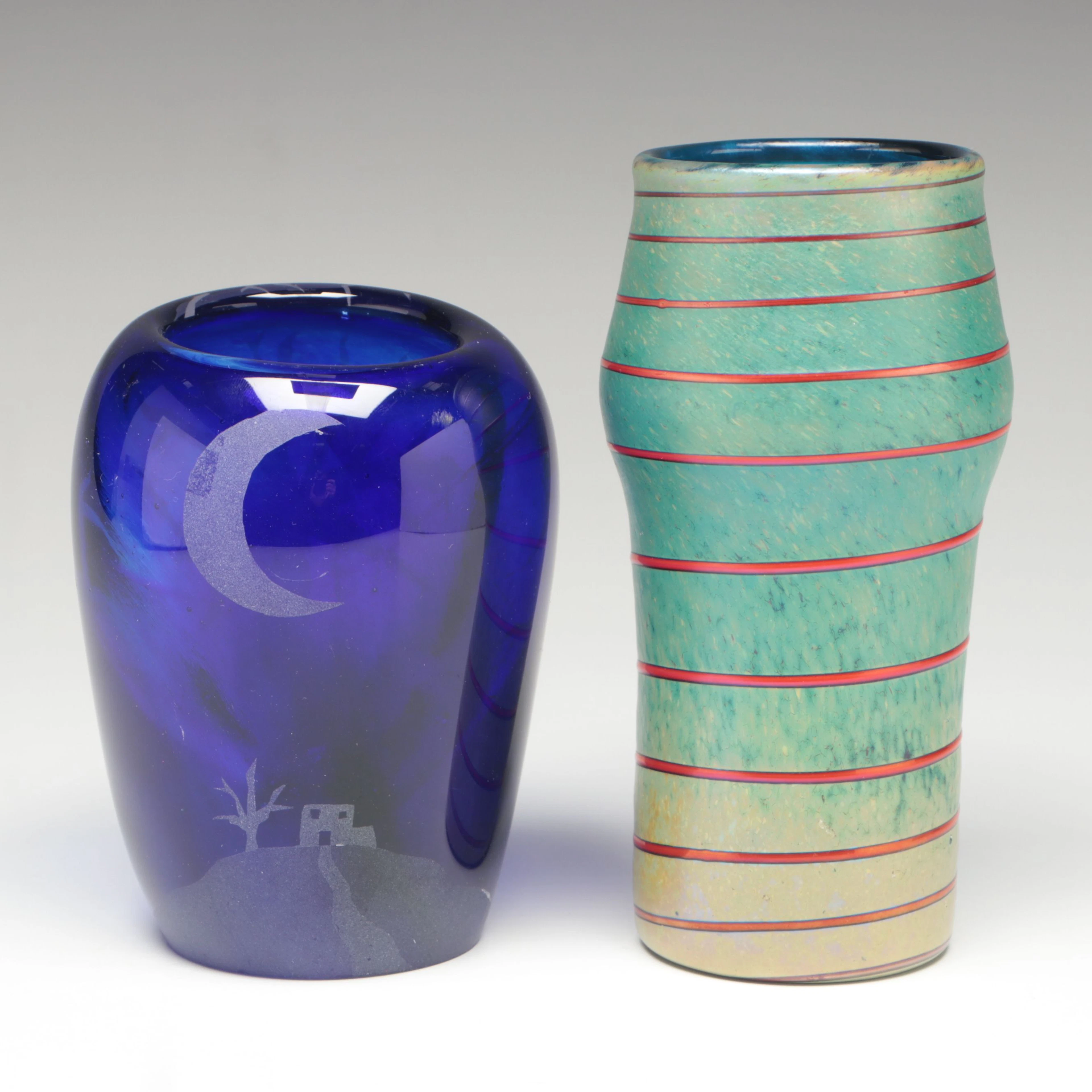 Contemporary Red Swirled Green Art Glass Vase with Blue Etched Vase