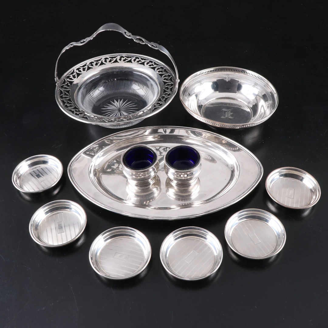 English Adie Brothers Ltd. Sterling and Cobalt Salt Cellars with Other