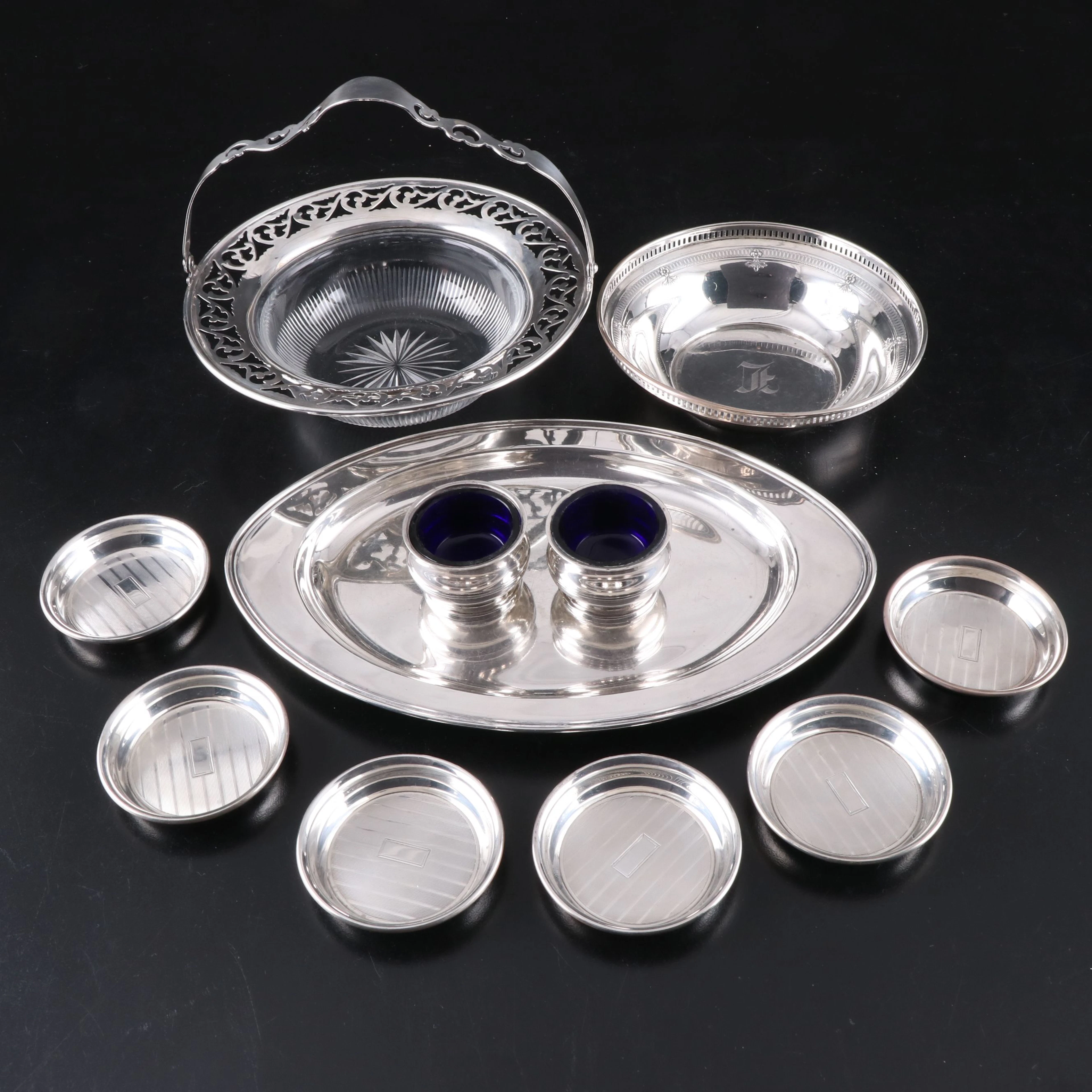 English Adie Brothers Ltd. Sterling and Cobalt Salt Cellars with Other