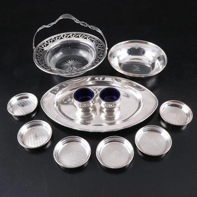 English Adie Brothers Ltd. Sterling and Cobalt Salt Cellars with Other